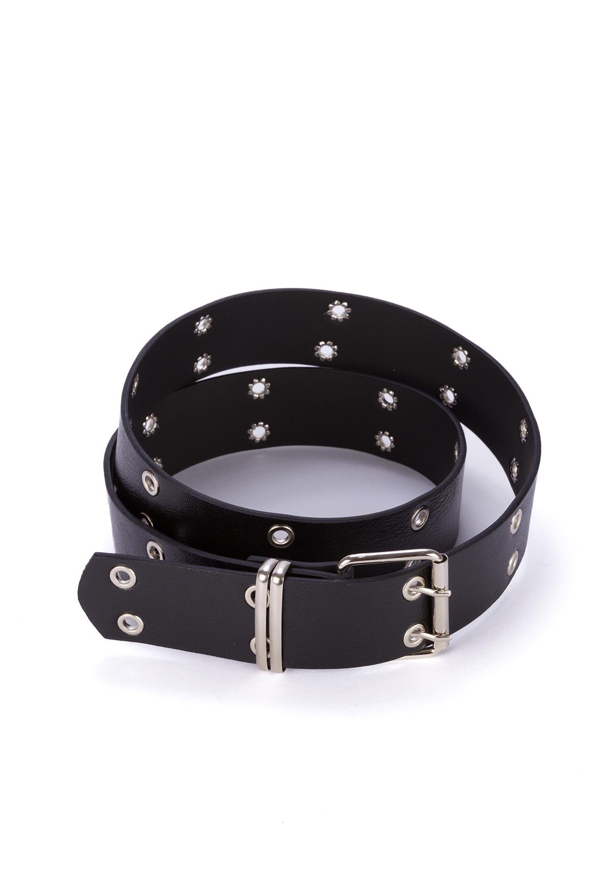 Çift Kuş Gözlü Siyah Kemer