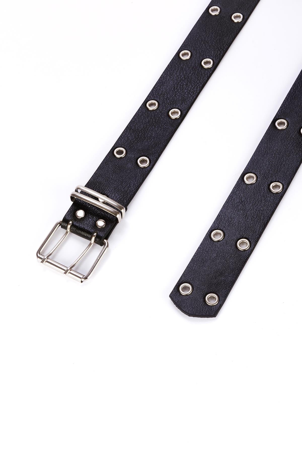 Çift Kuş Gözlü Siyah Kemer