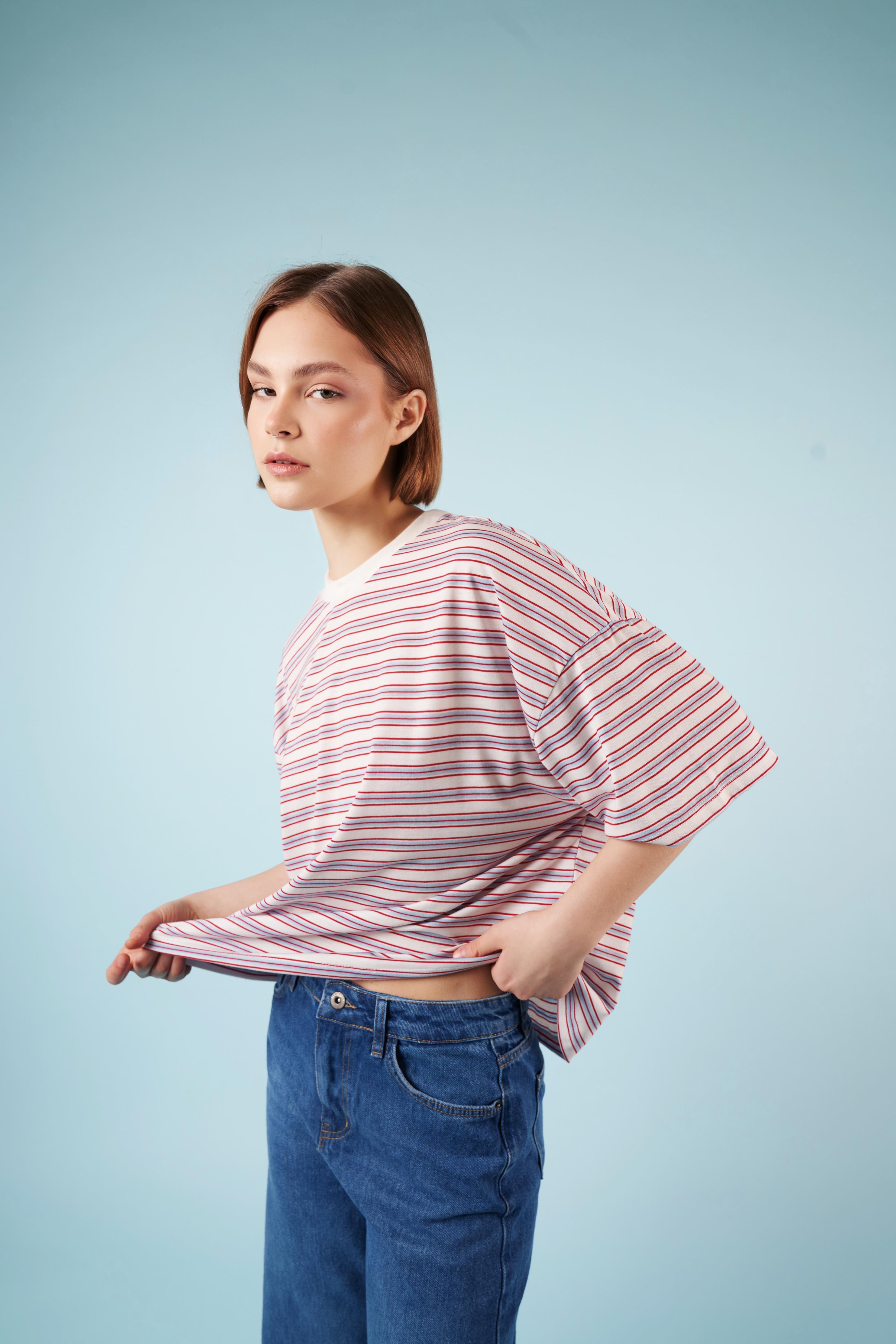 Çizgili Kısa Kol T-shirt Ekru-Mavi
