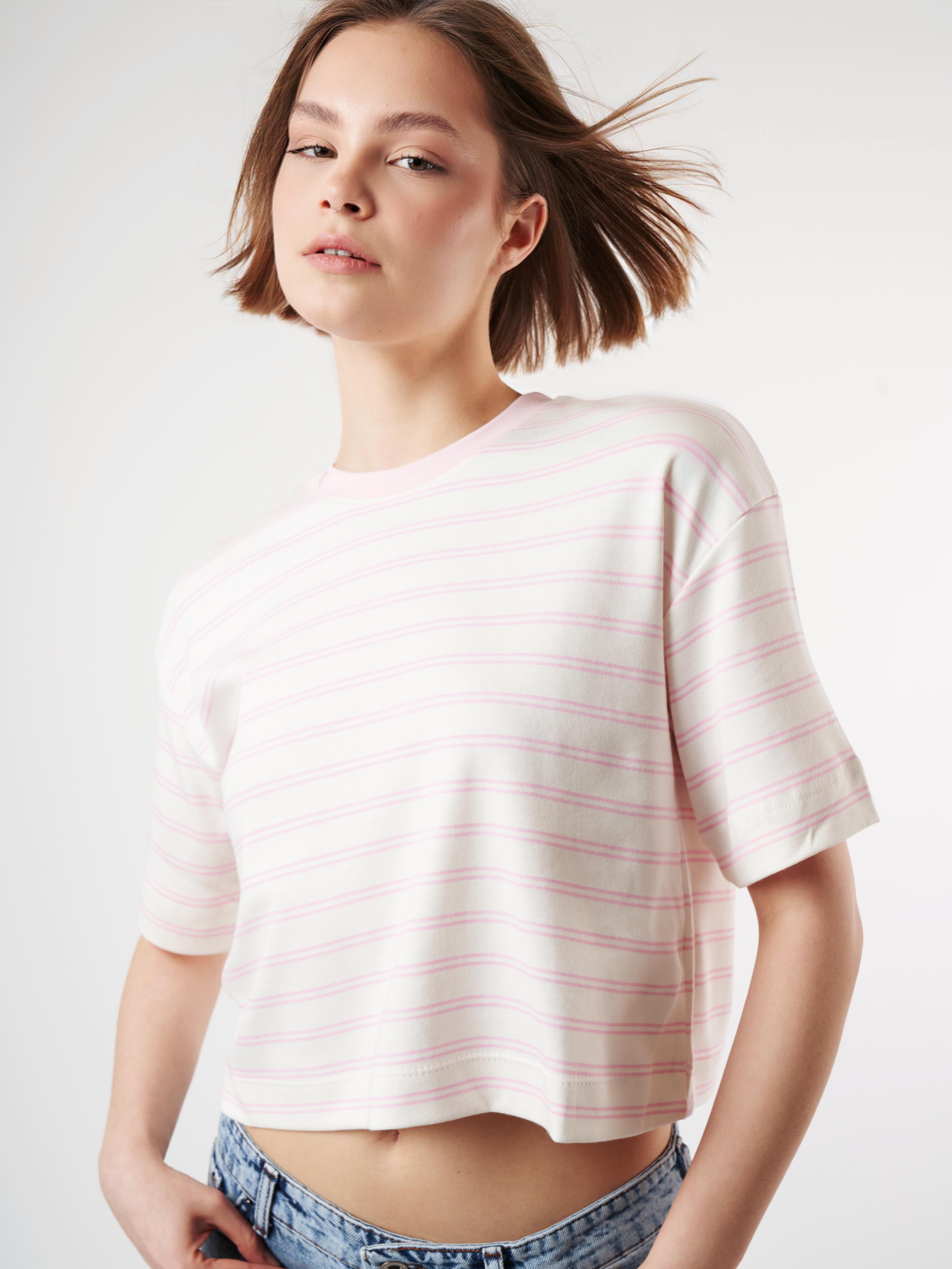 Çizgili Kısa Kol T-shirt Ekru-Toz Pembe
