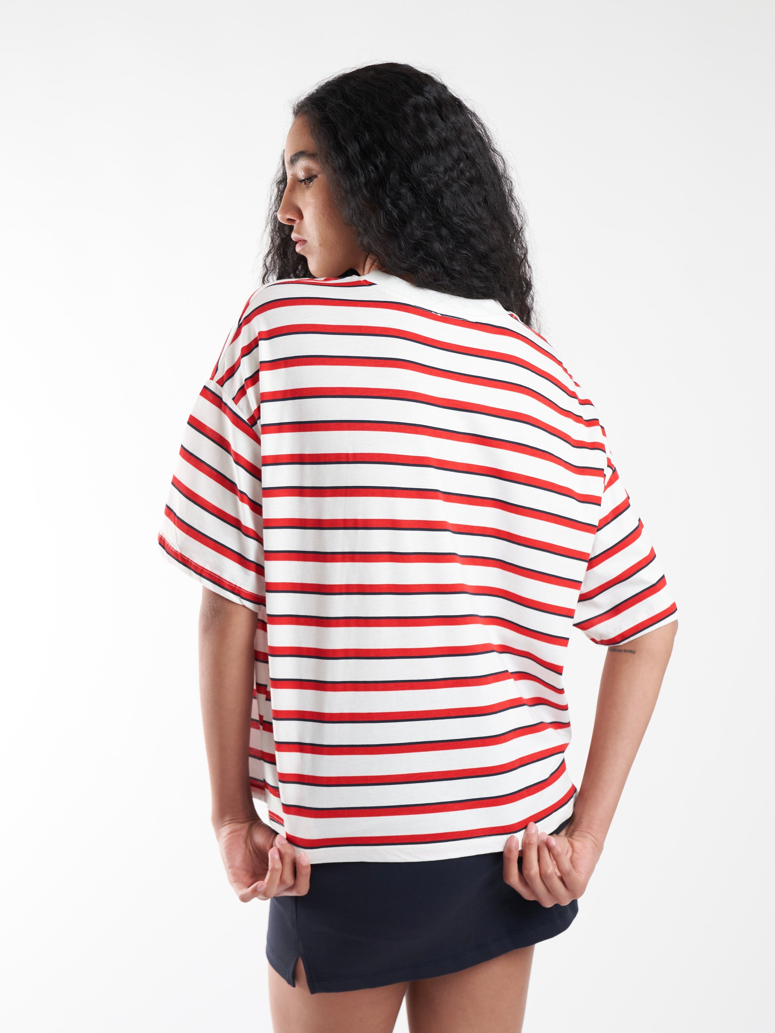 Çizgili Kısa Kol T-shirt Kırmızı-Ekru