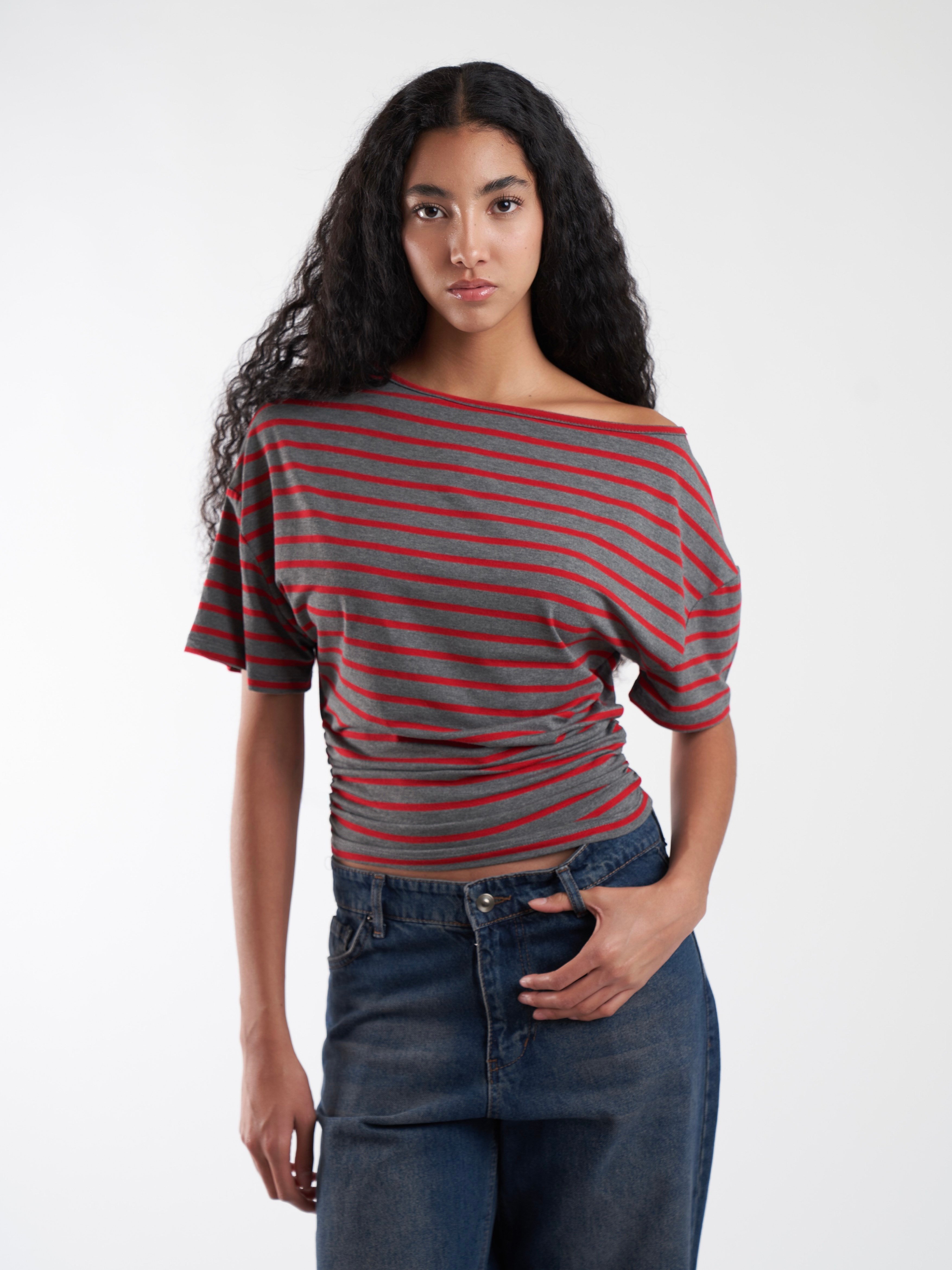 Çizgili Kısa Kol T-shirt Kırmızı-Gri