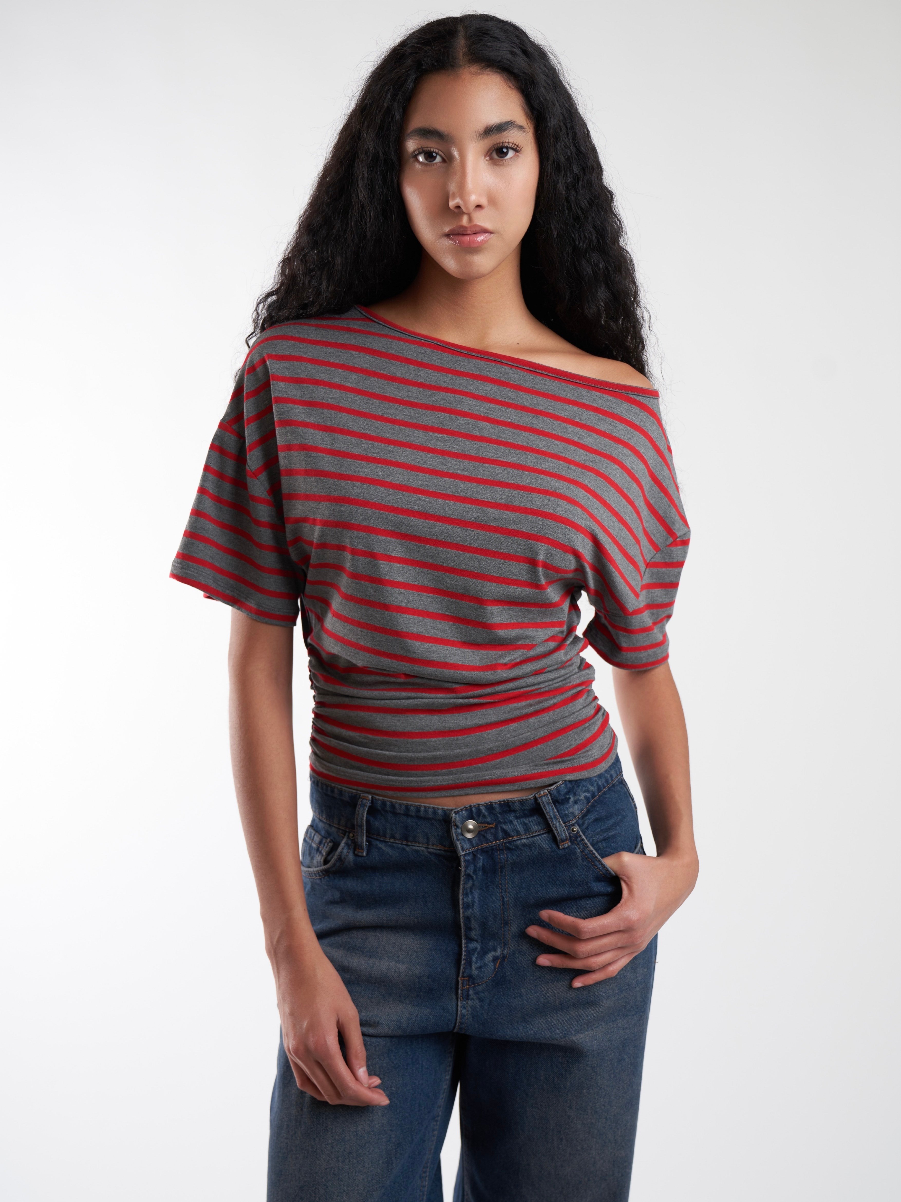 Çizgili Kısa Kol T-shirt Kırmızı-Gri