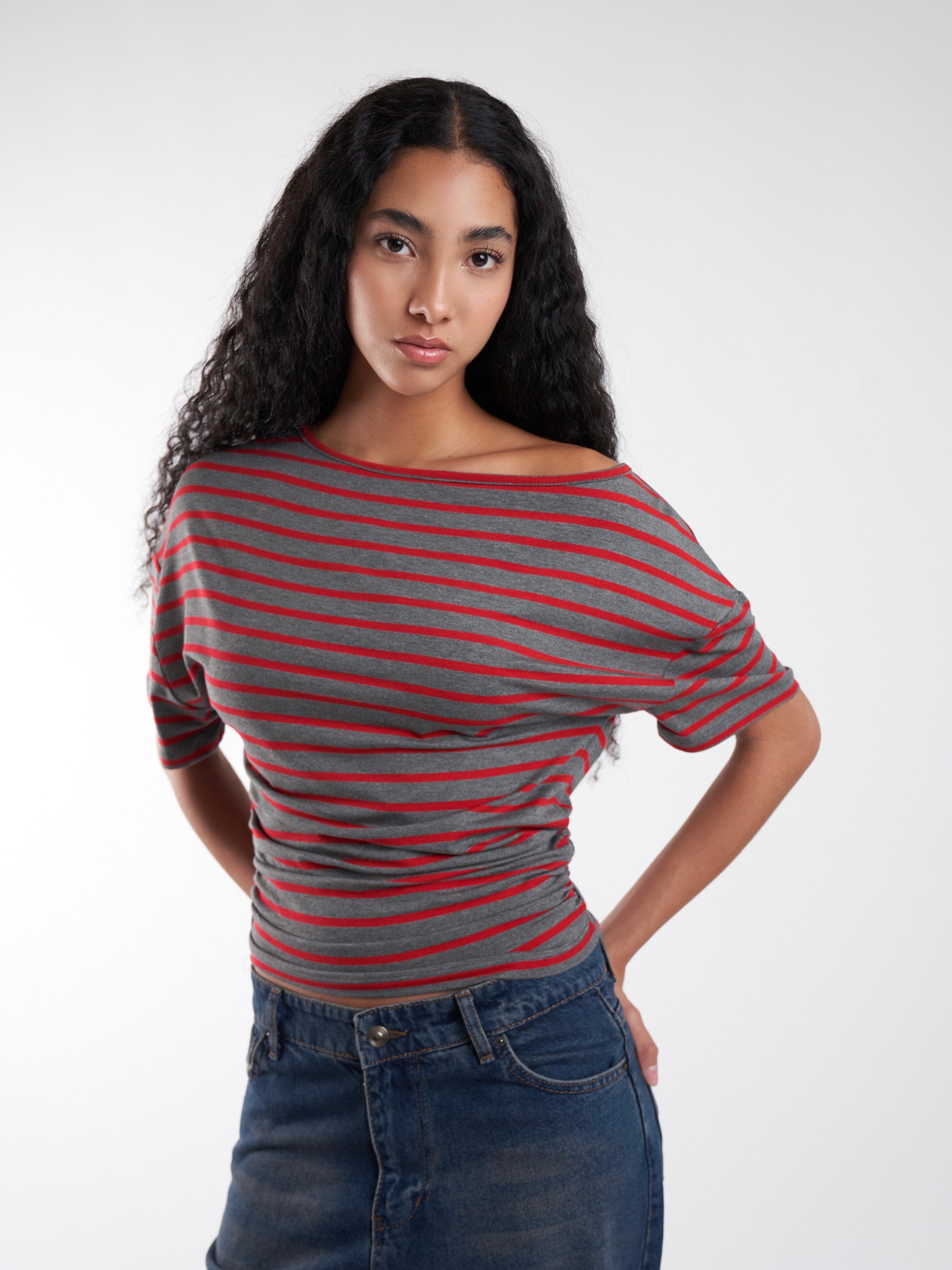 Çizgili Kısa Kol T-shirt Kırmızı-Gri