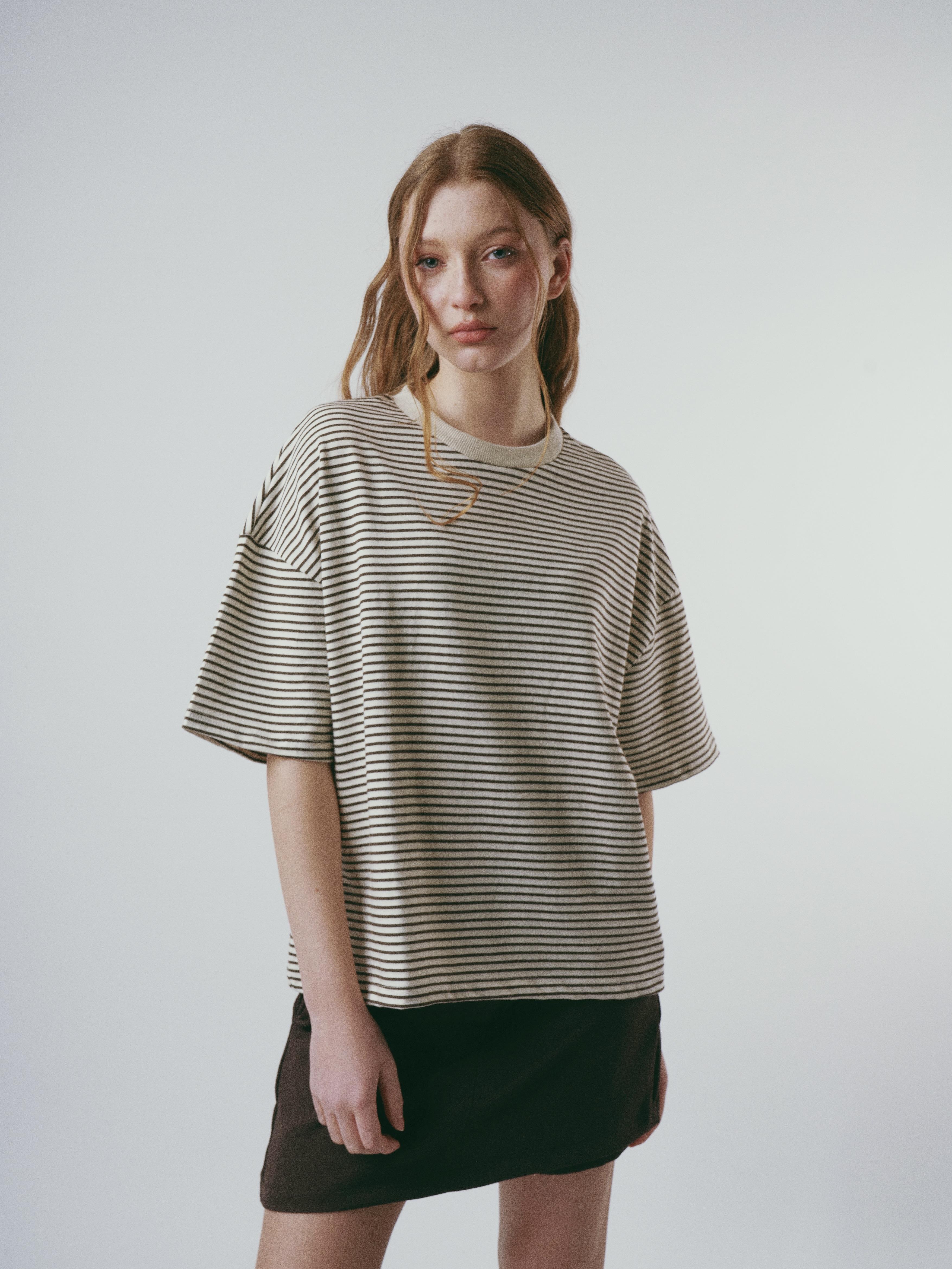 Çizgili Kısa Kol T-shirt Krem-Kahve