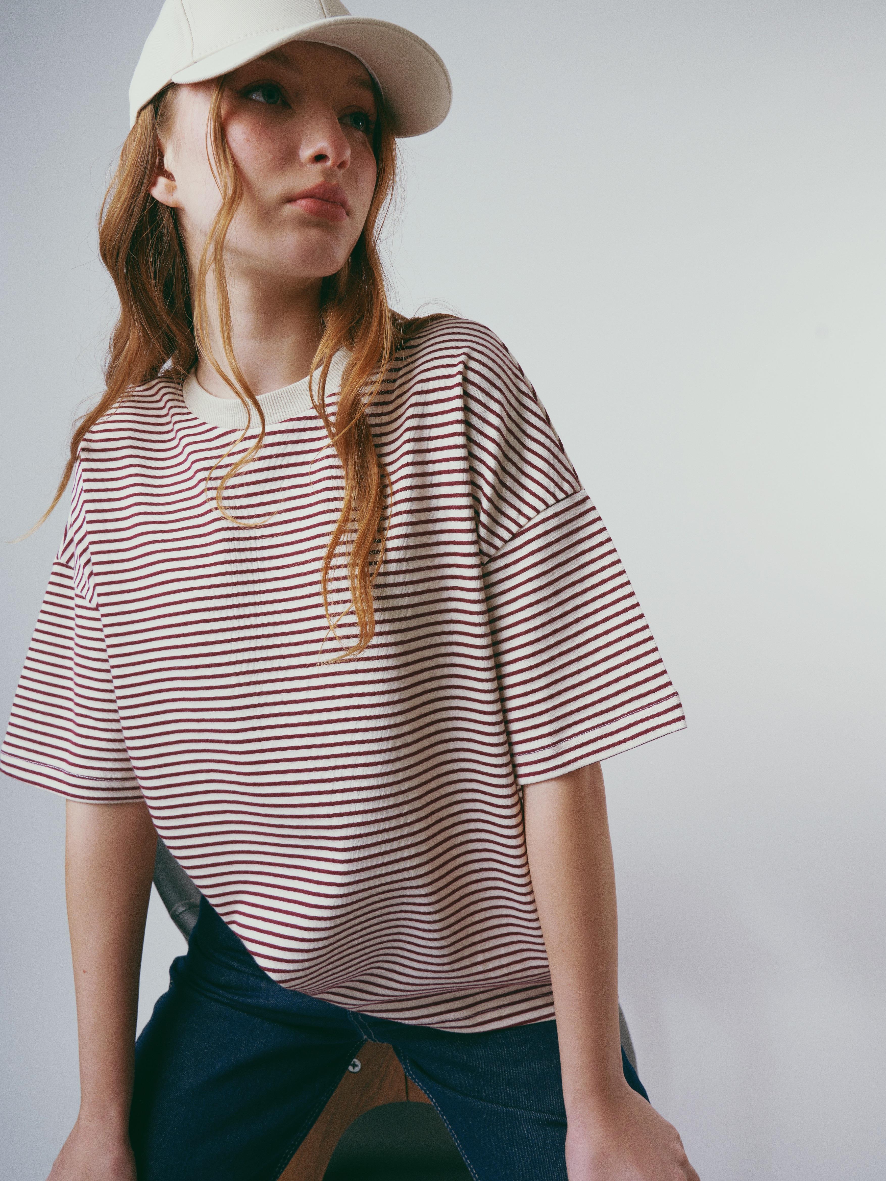 Çizgili Kısa Kol T-shirt Krem-Mürdüm