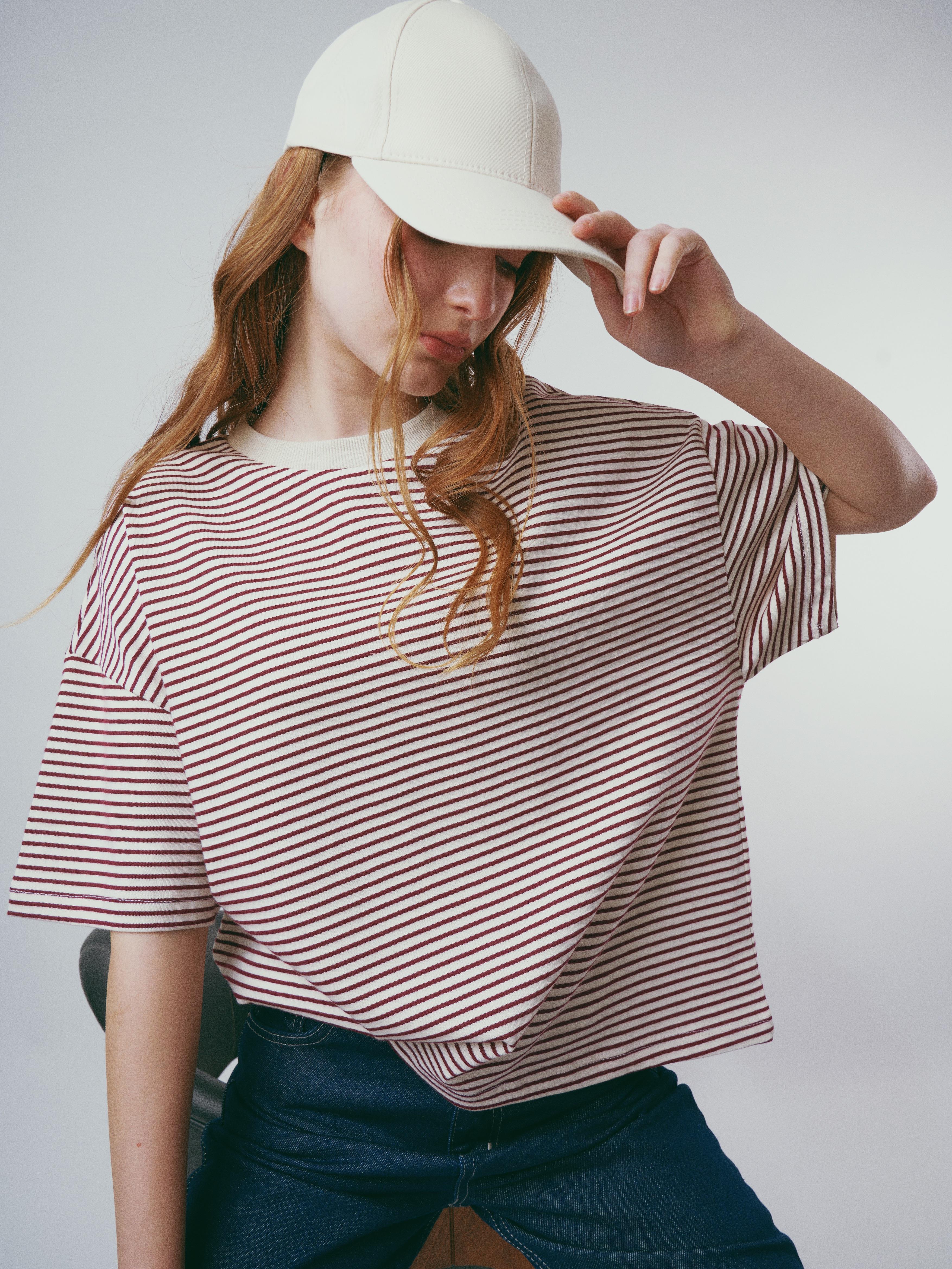 Çizgili Kısa Kol T-shirt Krem-Mürdüm