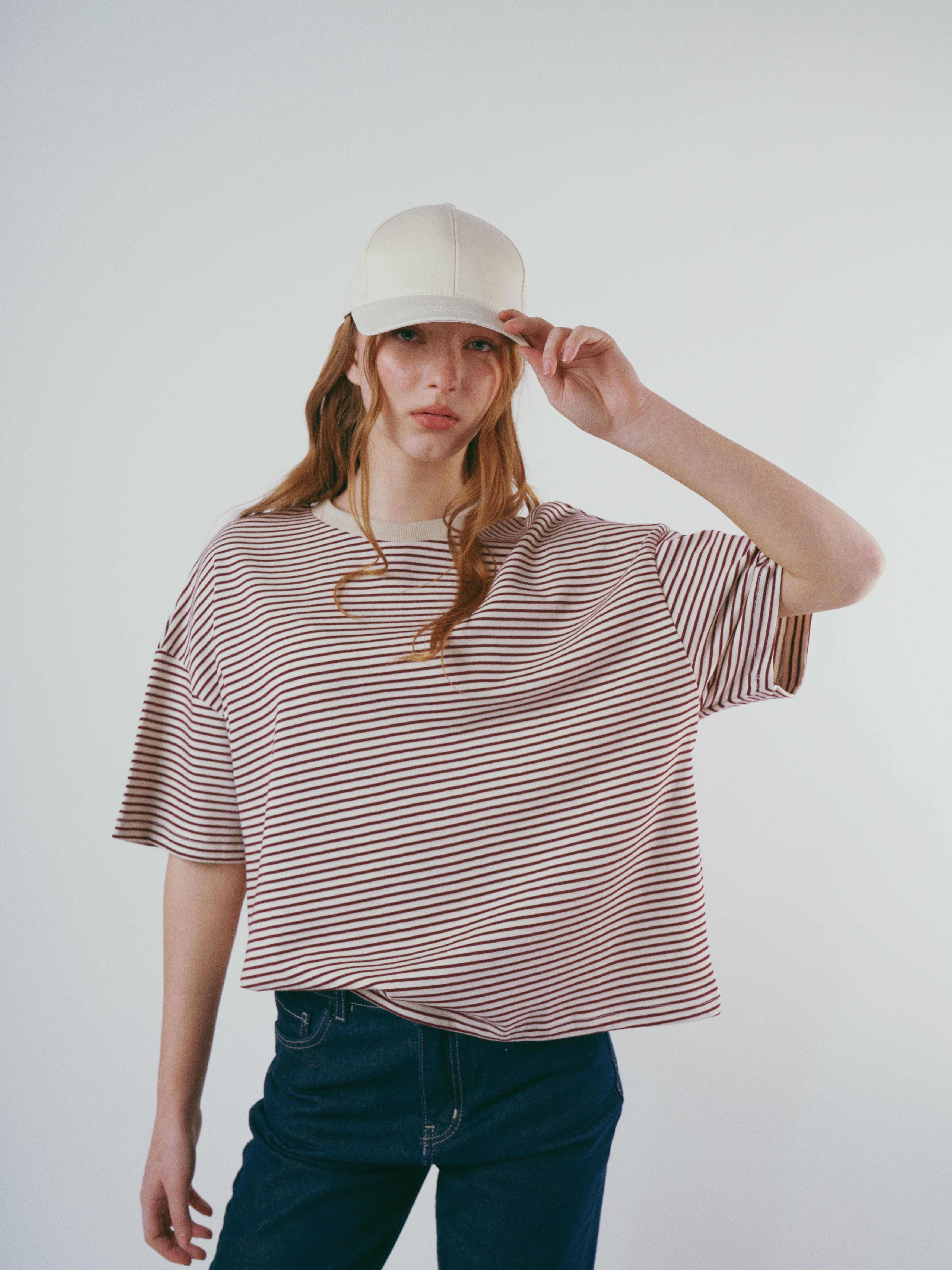 Çizgili Kısa Kol T-shirt Krem-Mürdüm