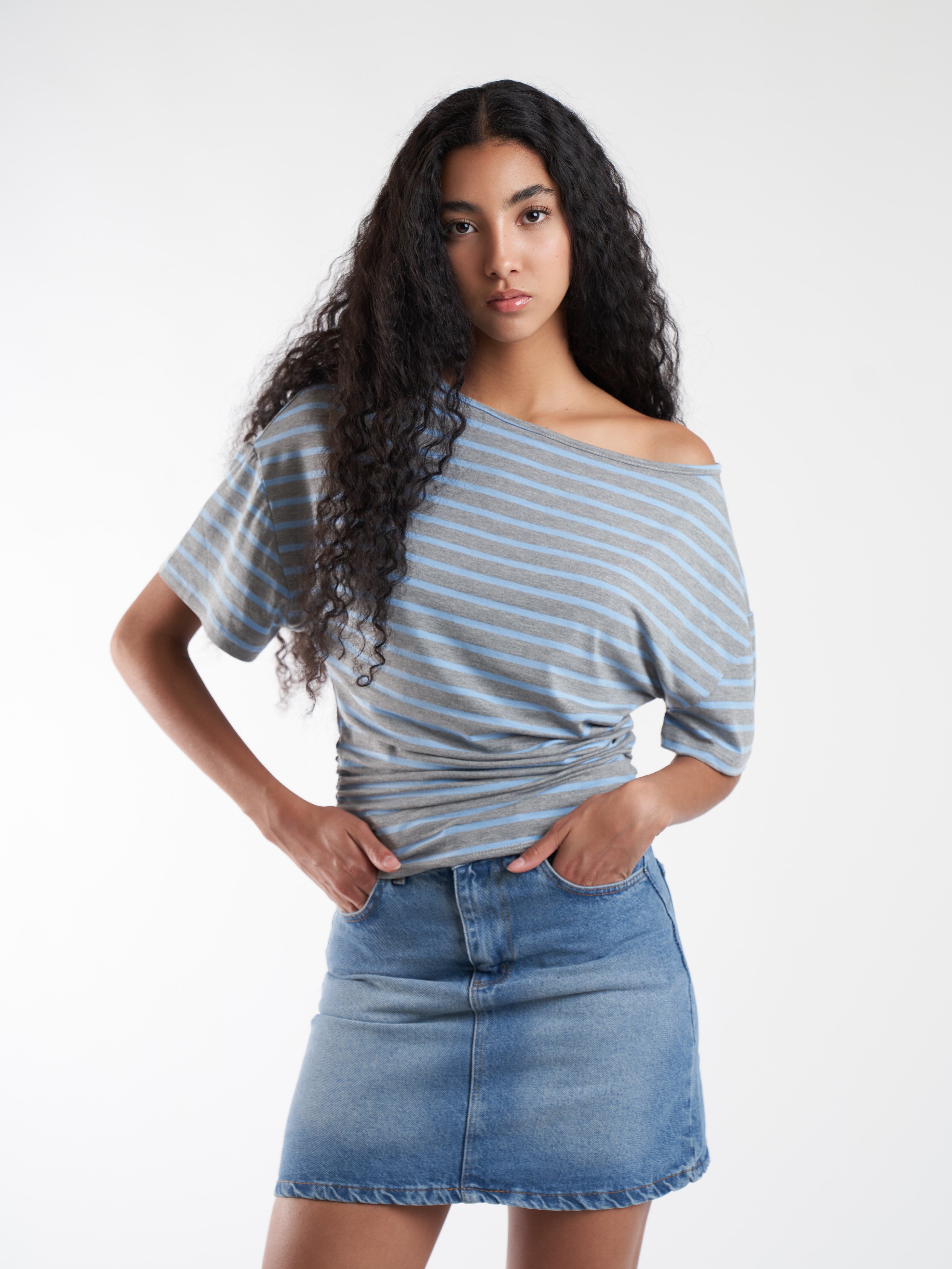 Çizgili Kısa Kol T-shirt Mavi-Gri