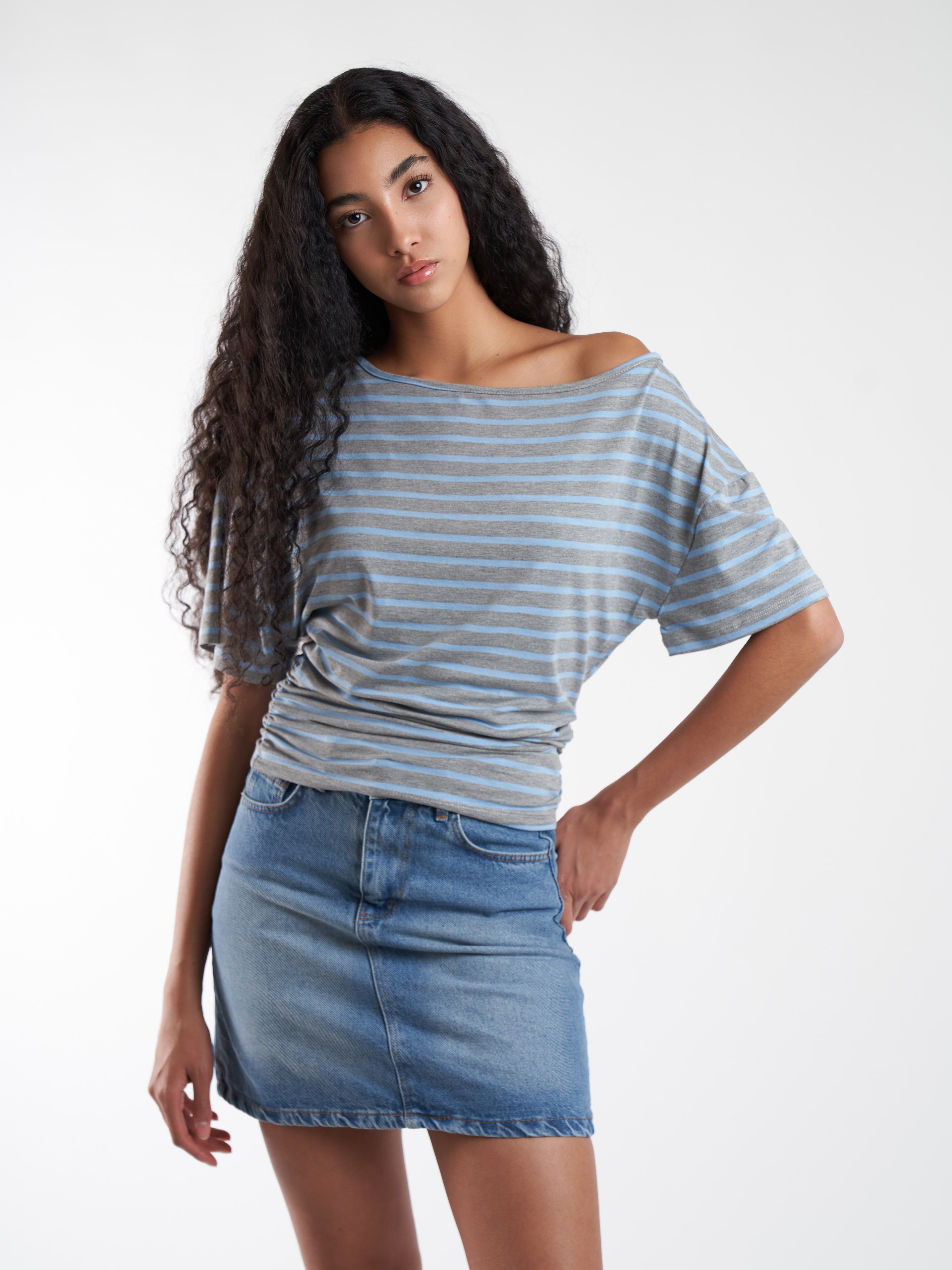 Çizgili Kısa Kol T-shirt Mavi-Gri