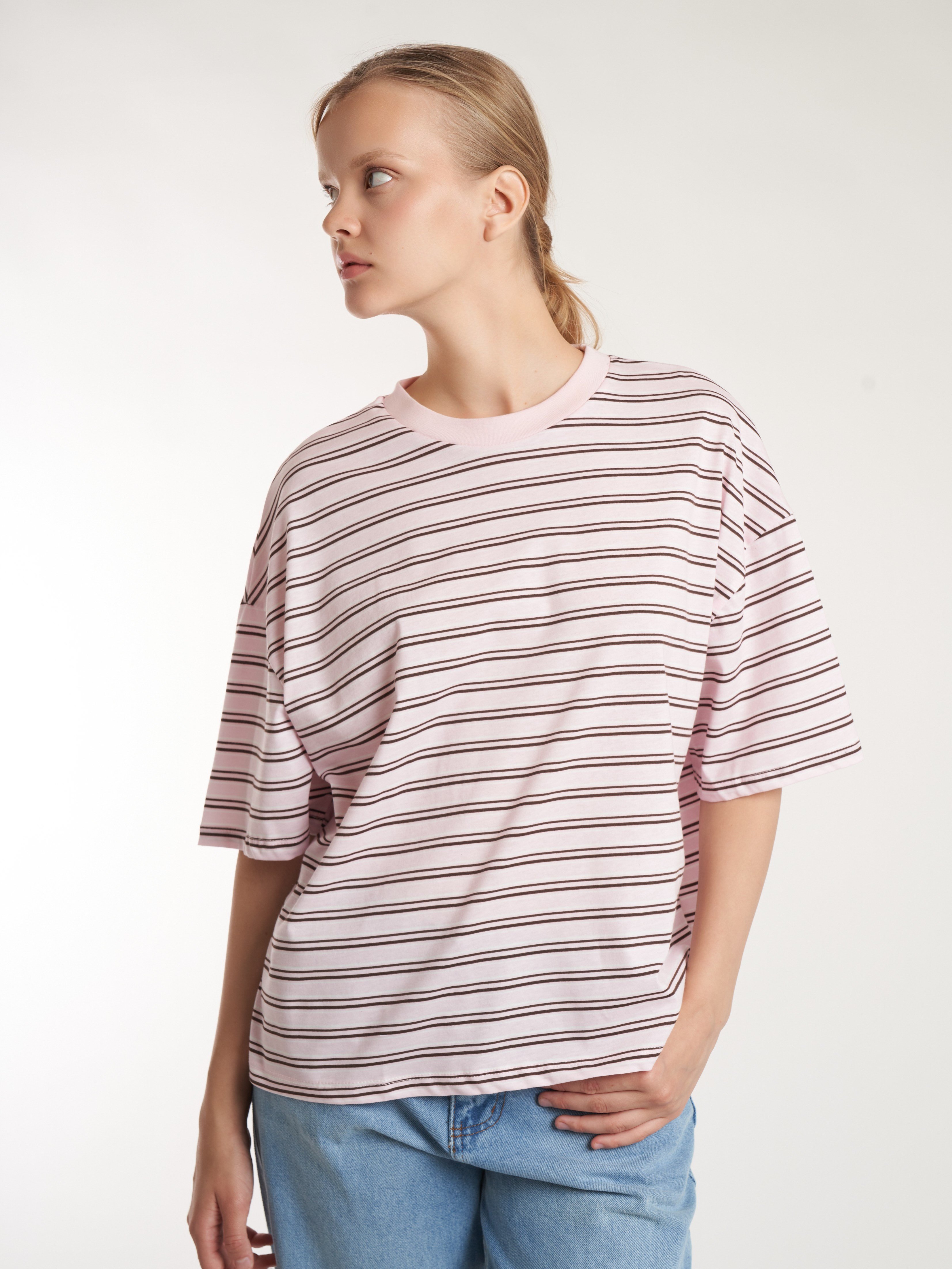Çizgili Kısa Kol T-shirt Pembe
