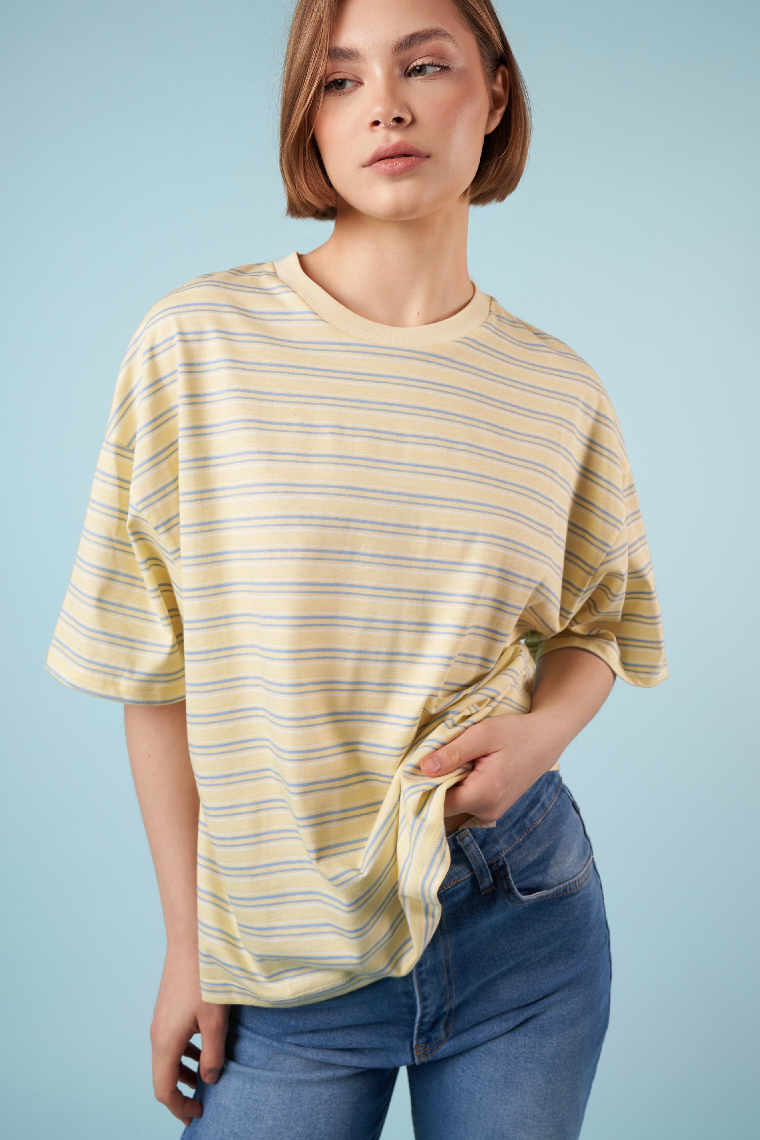 Çizgili Kısa Kol T-shirt Sarı