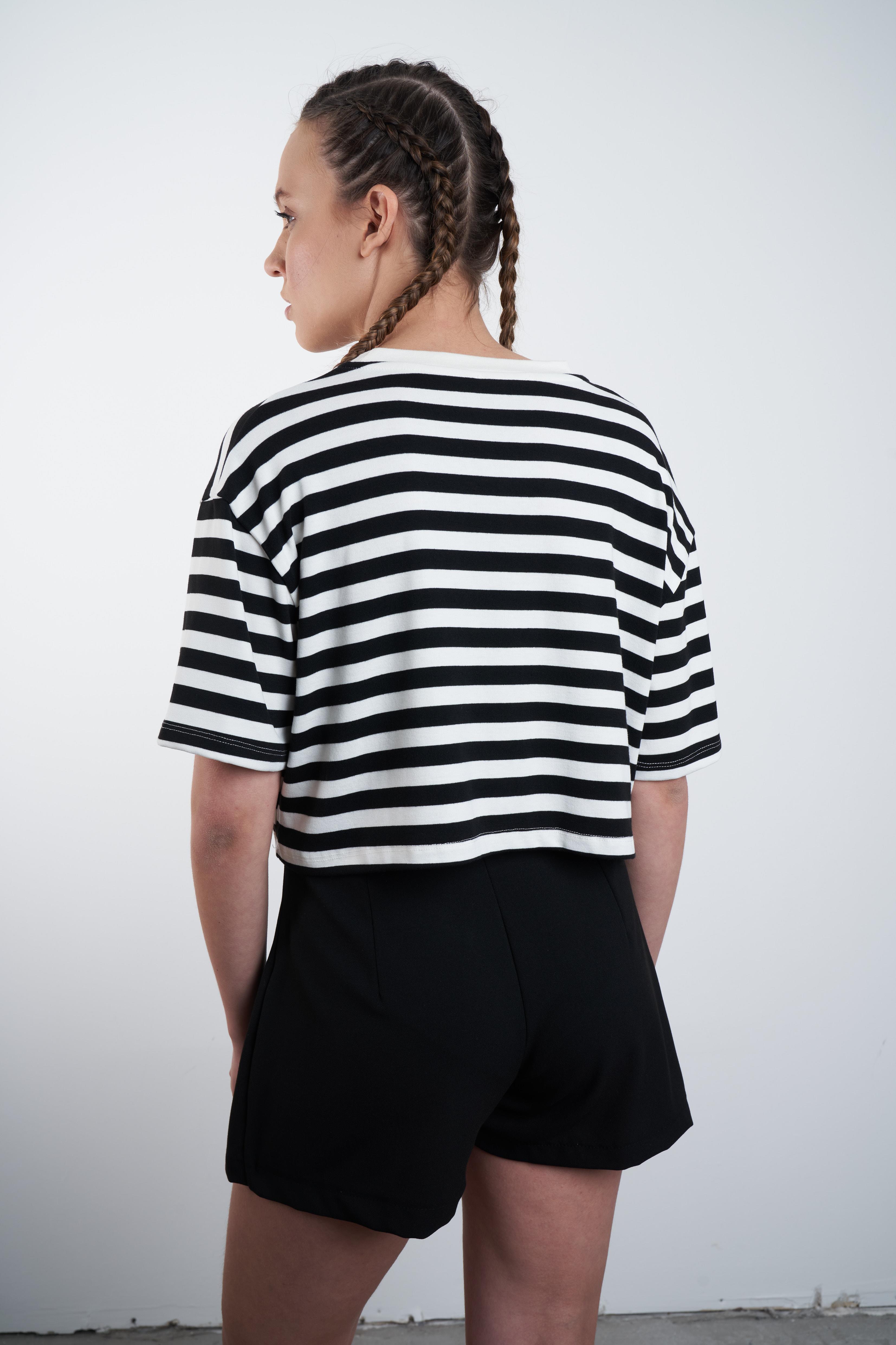 Çizgili Kısa T-shirt Siyah-Beyaz