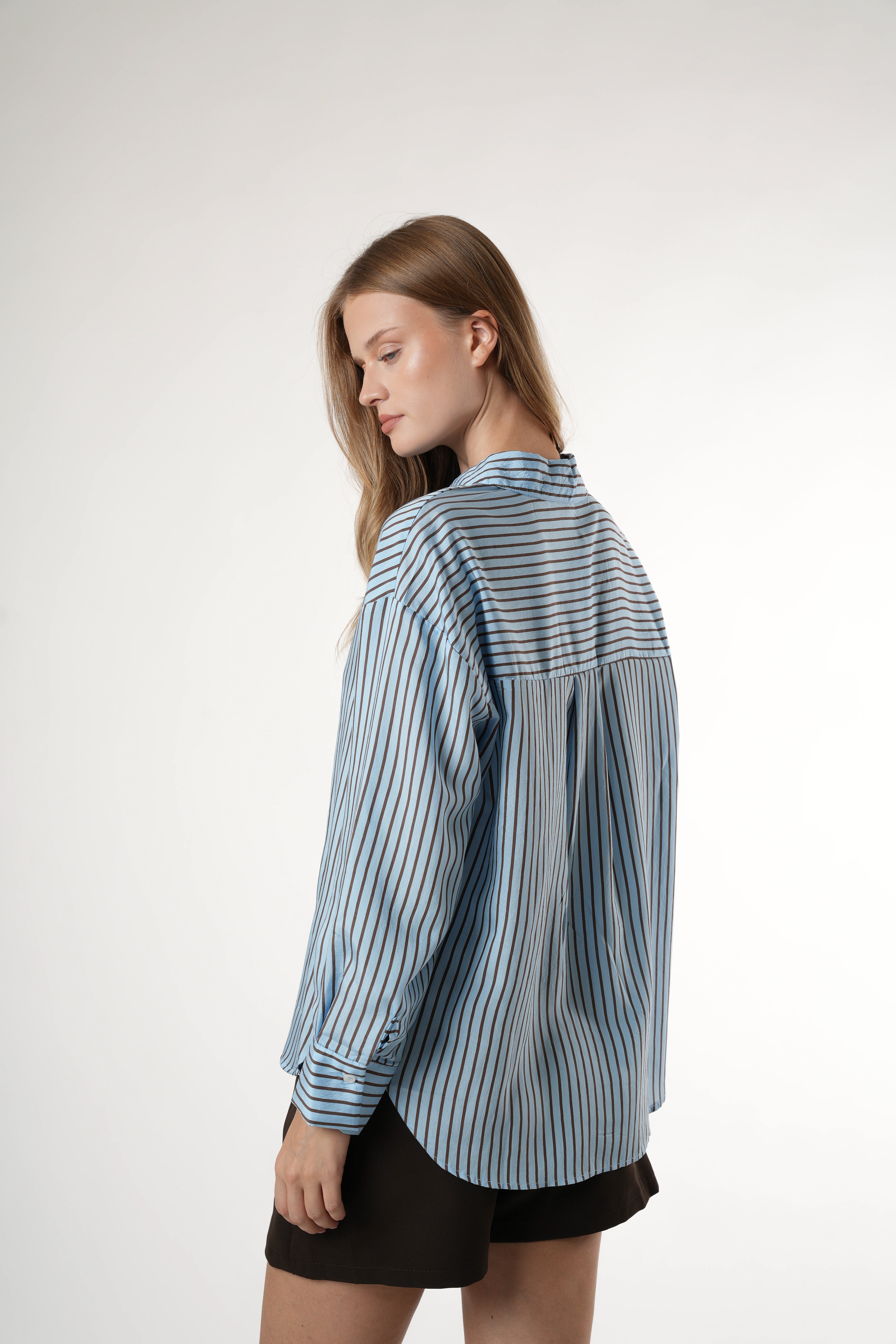 Çizgili Uzun Kol Gömlek Bebe Mavi-Kahve