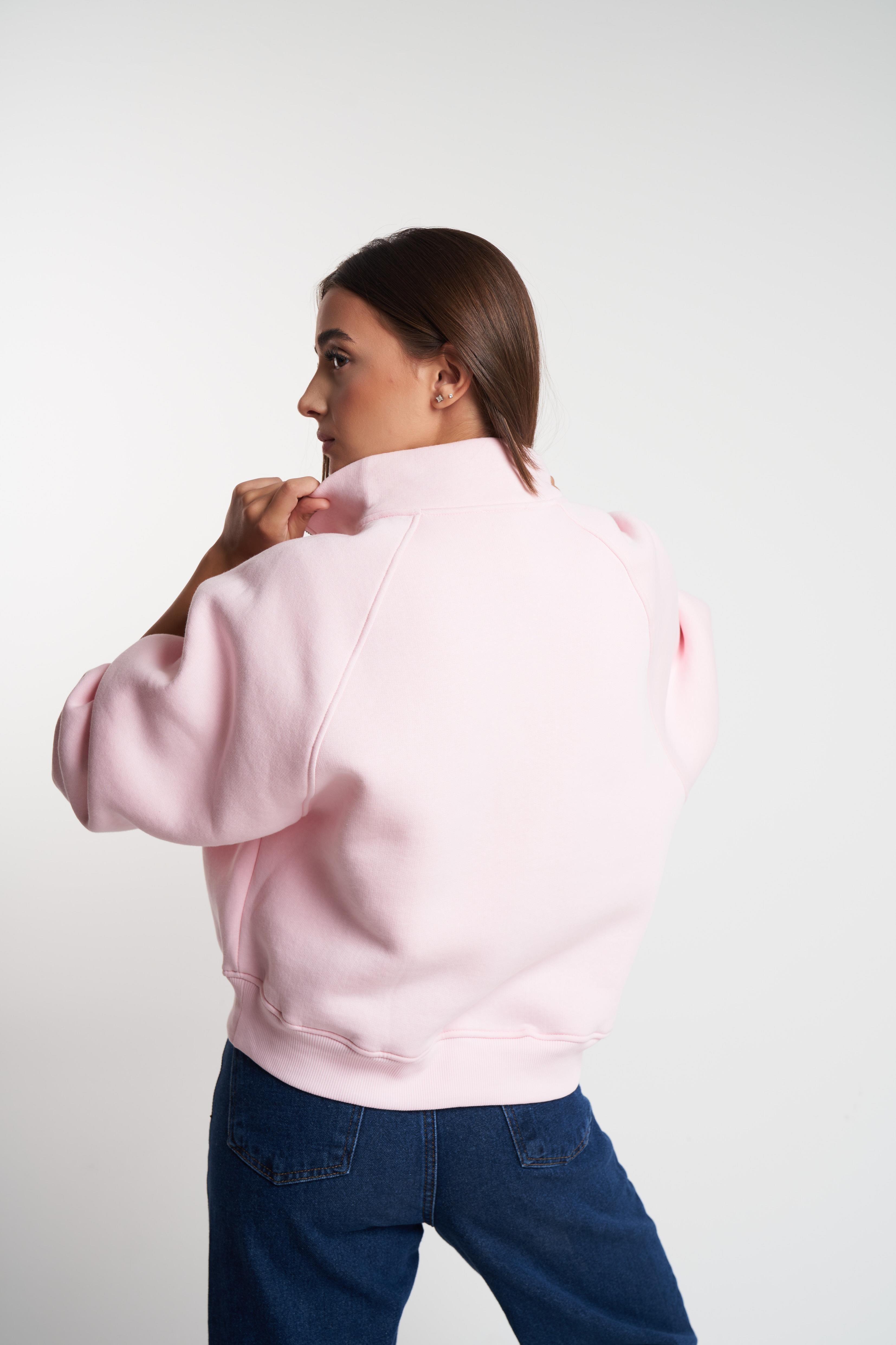 Dik Yaka Şardonlu Sweatshirt Toz Pembe