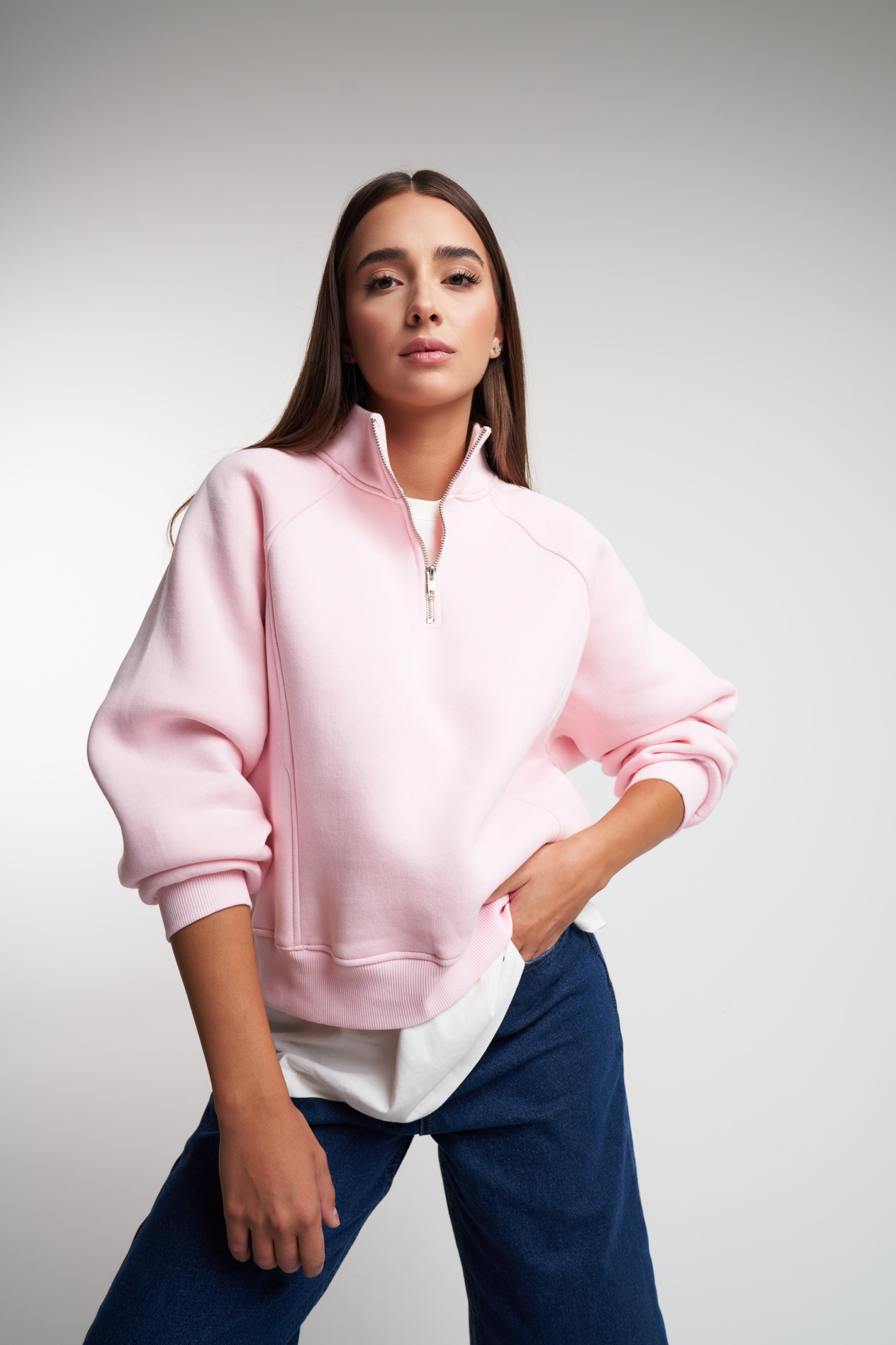 Dik Yaka Şardonlu Sweatshirt Toz Pembe