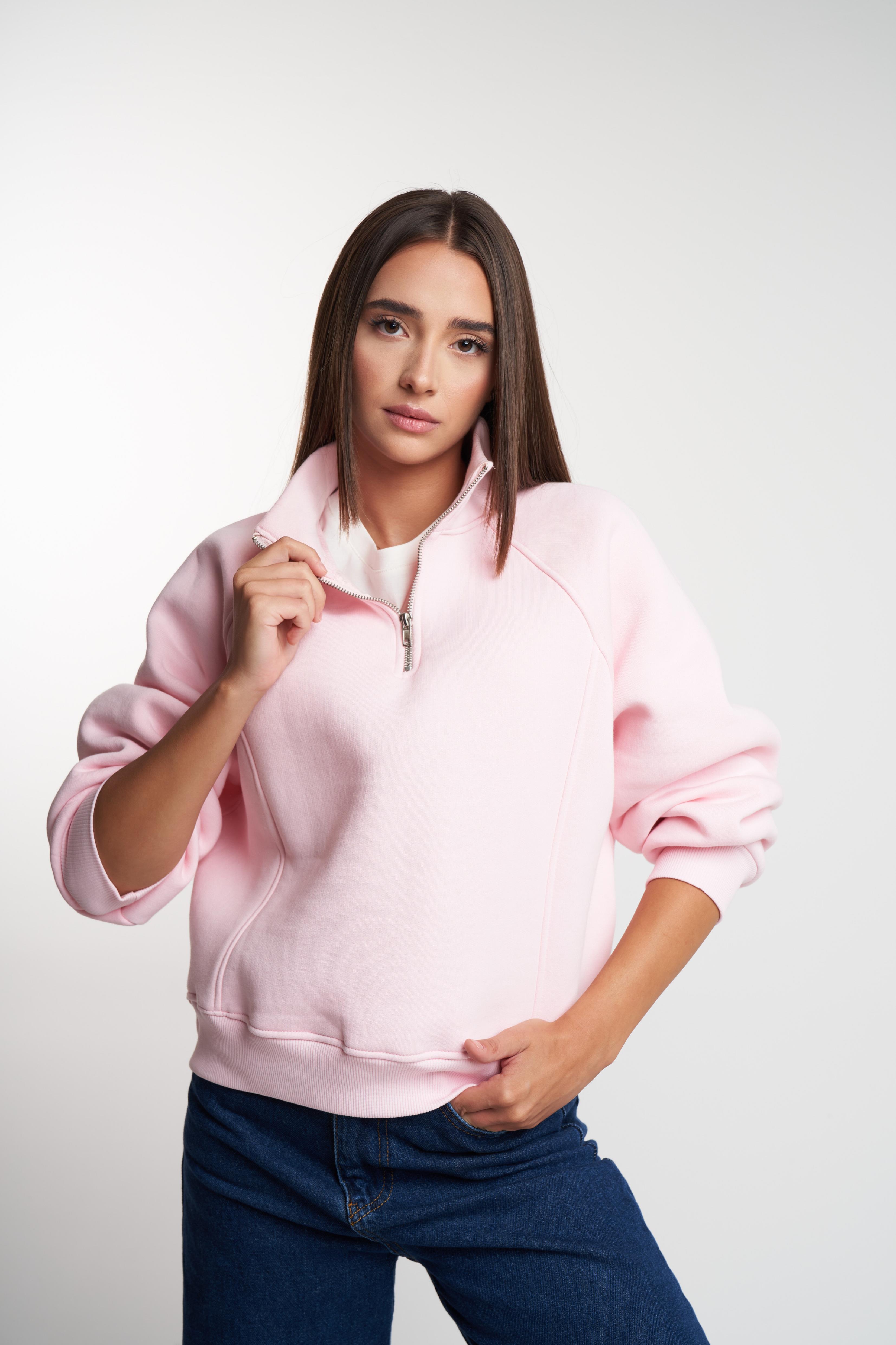Dik Yaka Şardonlu Sweatshirt Toz Pembe