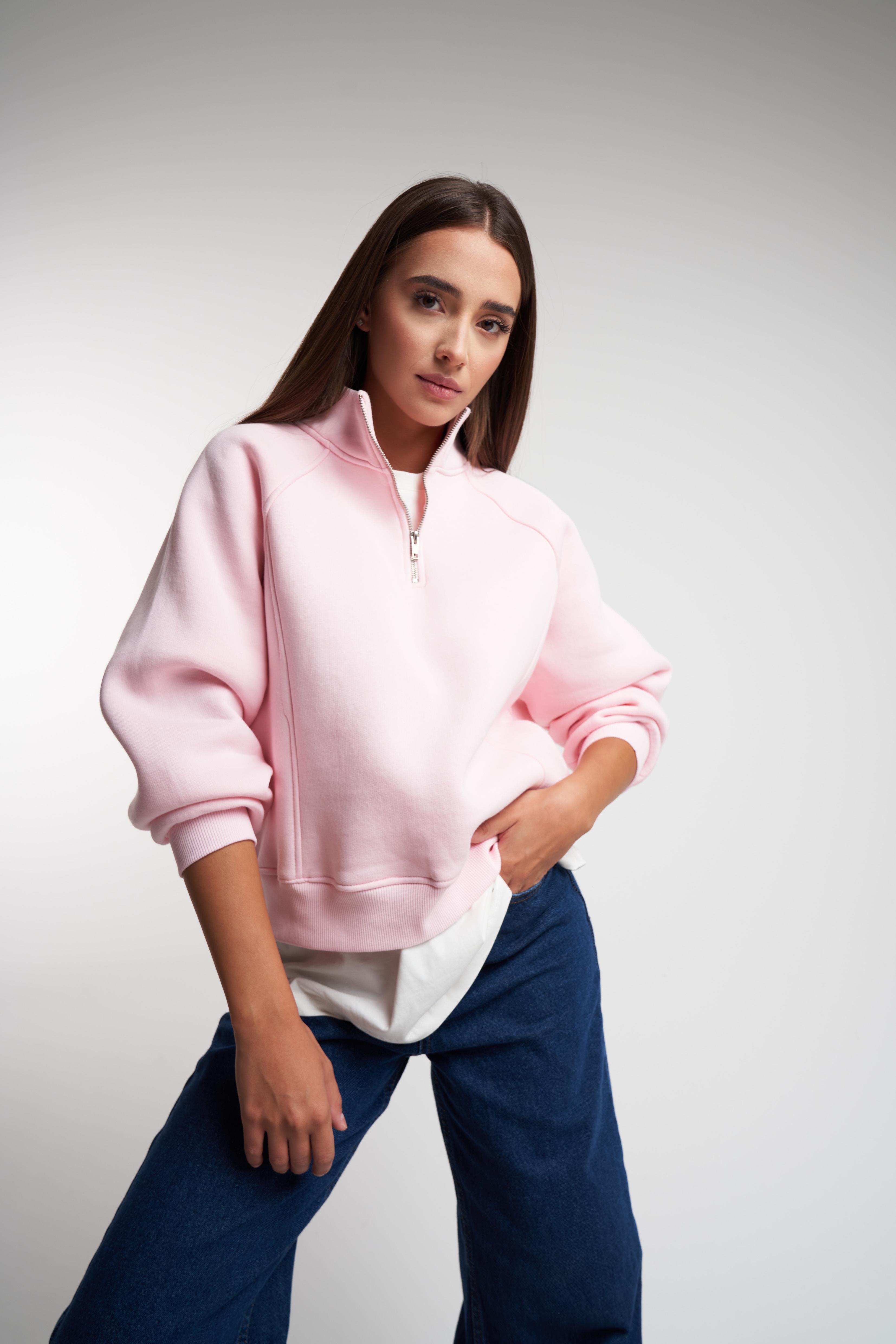 Dik Yaka Şardonlu Sweatshirt Toz Pembe