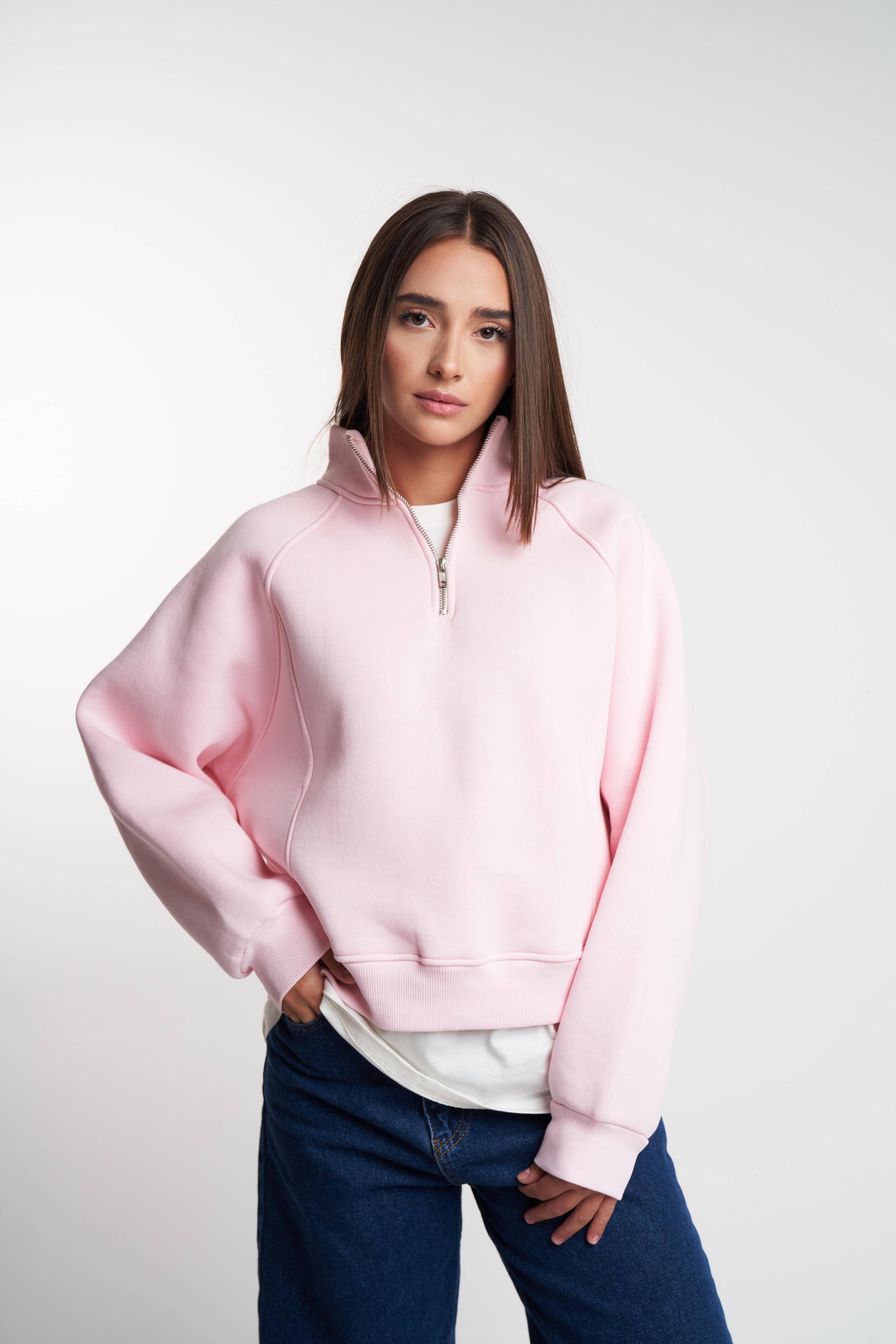 Dik Yaka Şardonlu Sweatshirt Toz Pembe