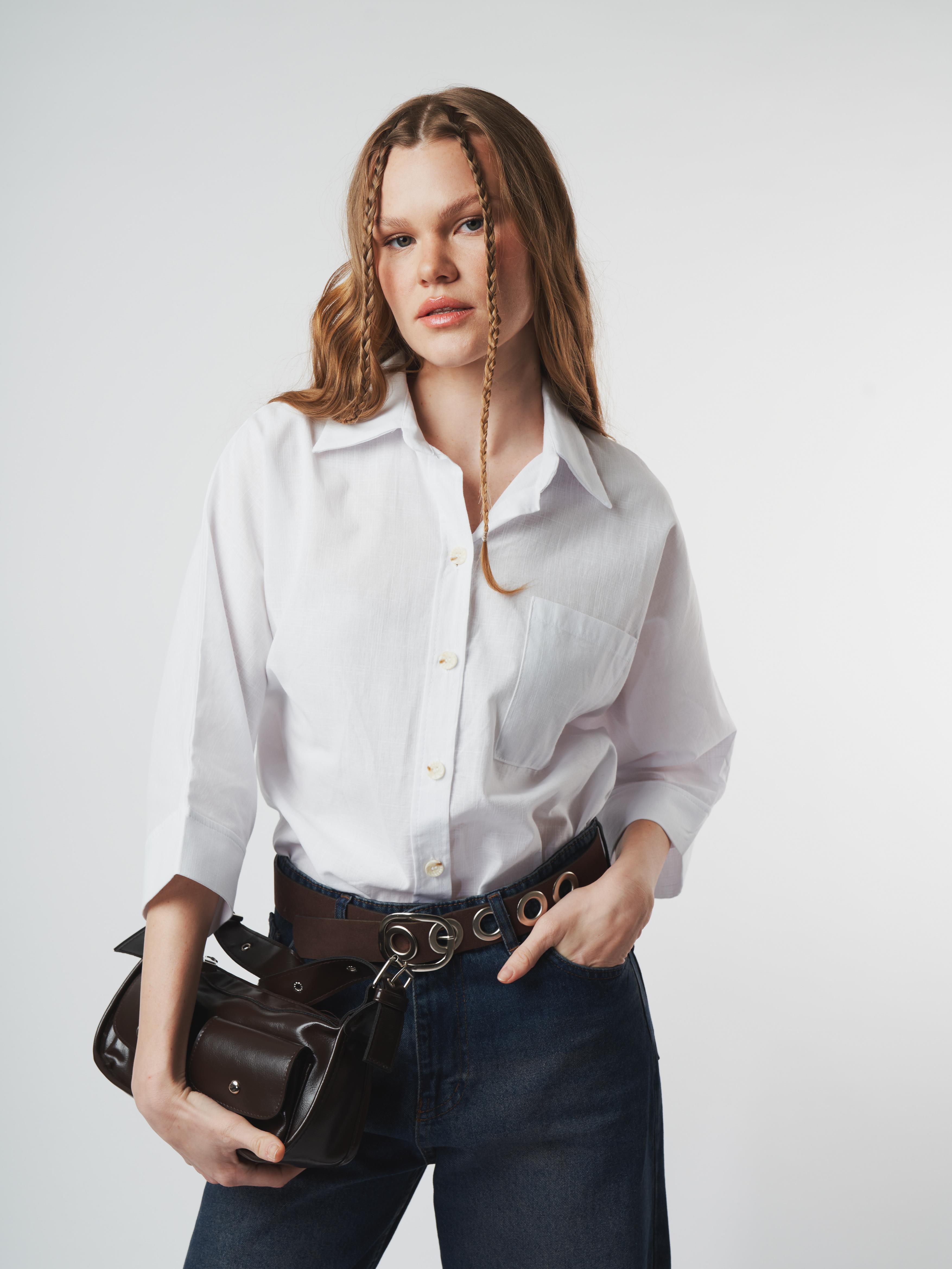 Düğmeli Oval Kesim Gömlek Ekru