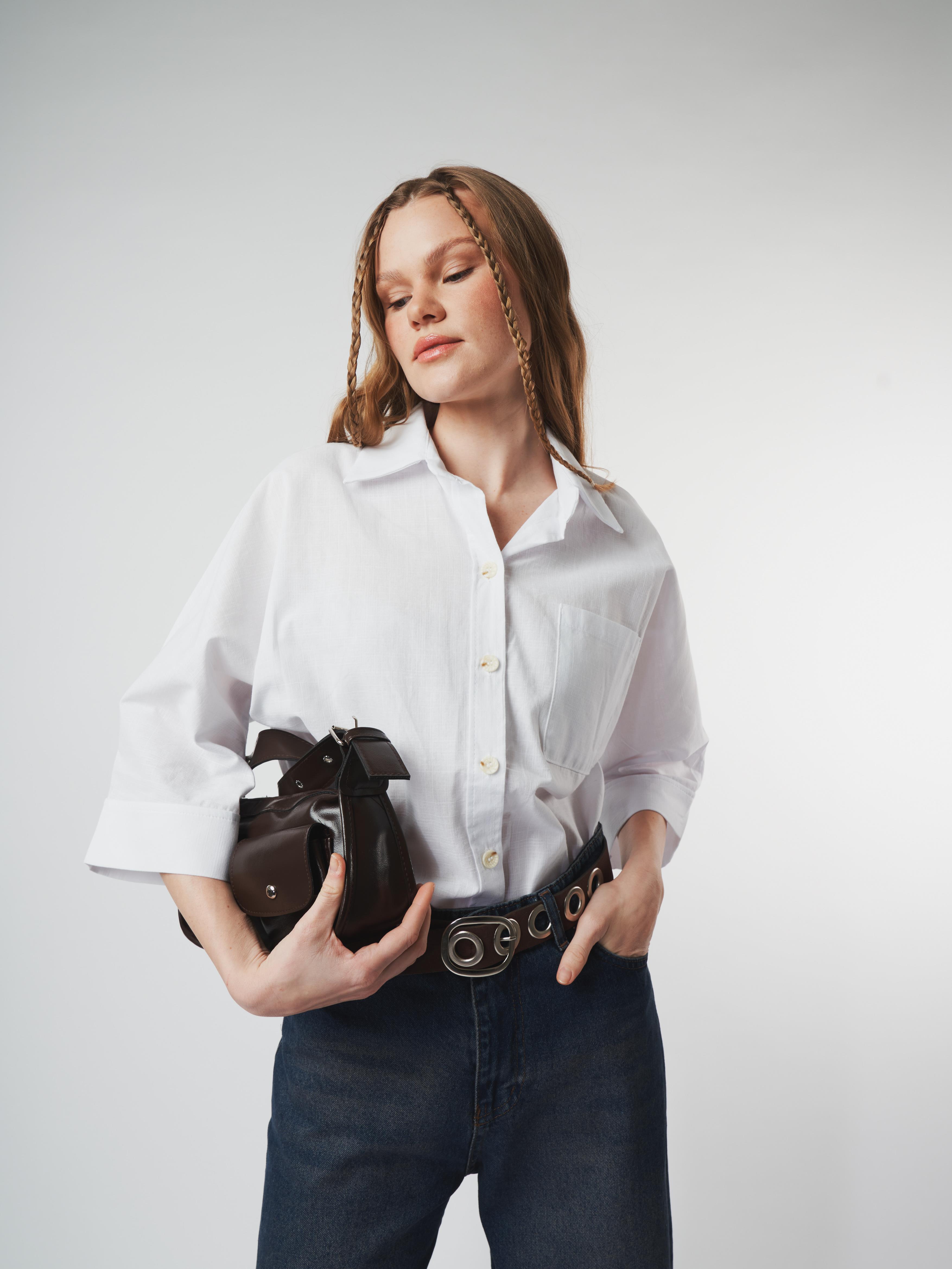 Düğmeli Oval Kesim Gömlek Ekru