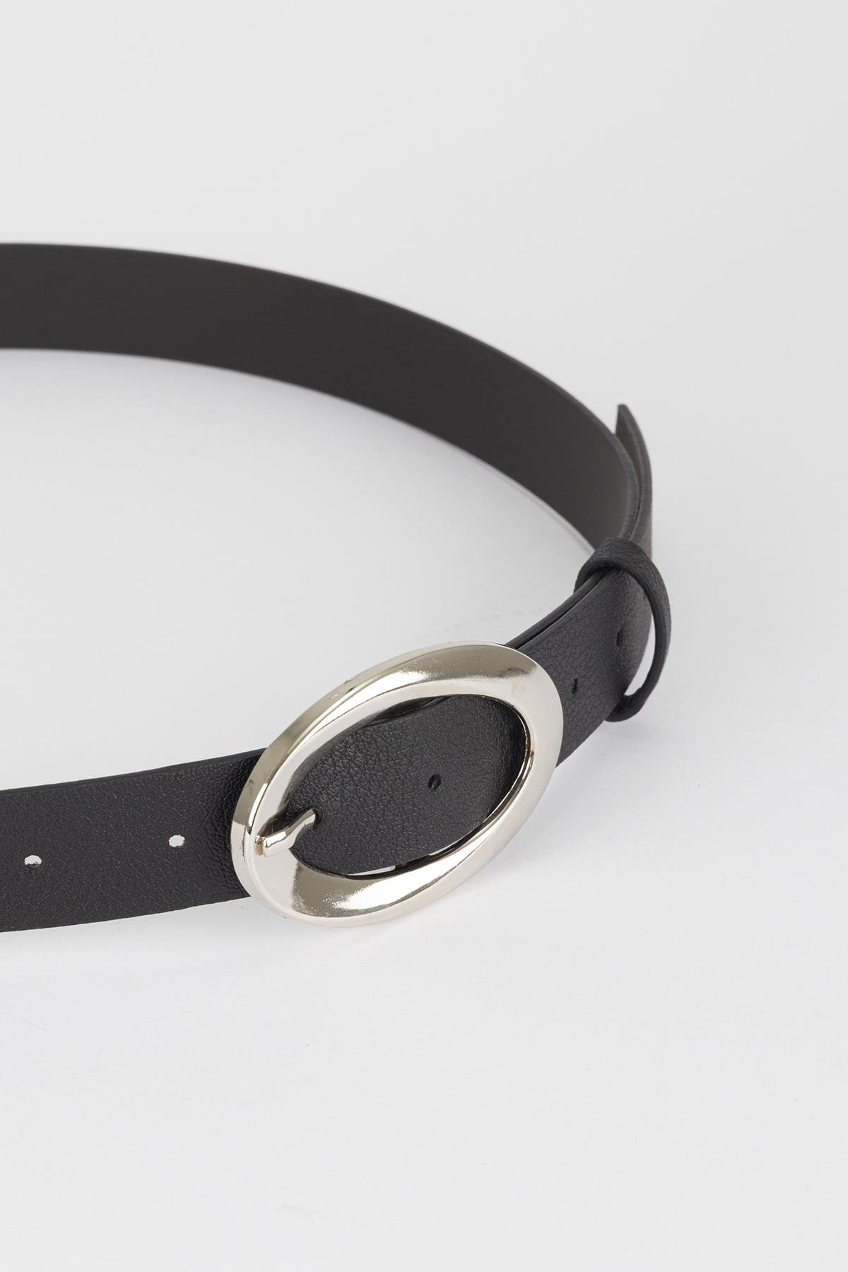Elips Gümüş Tokalı Kemer Siyah