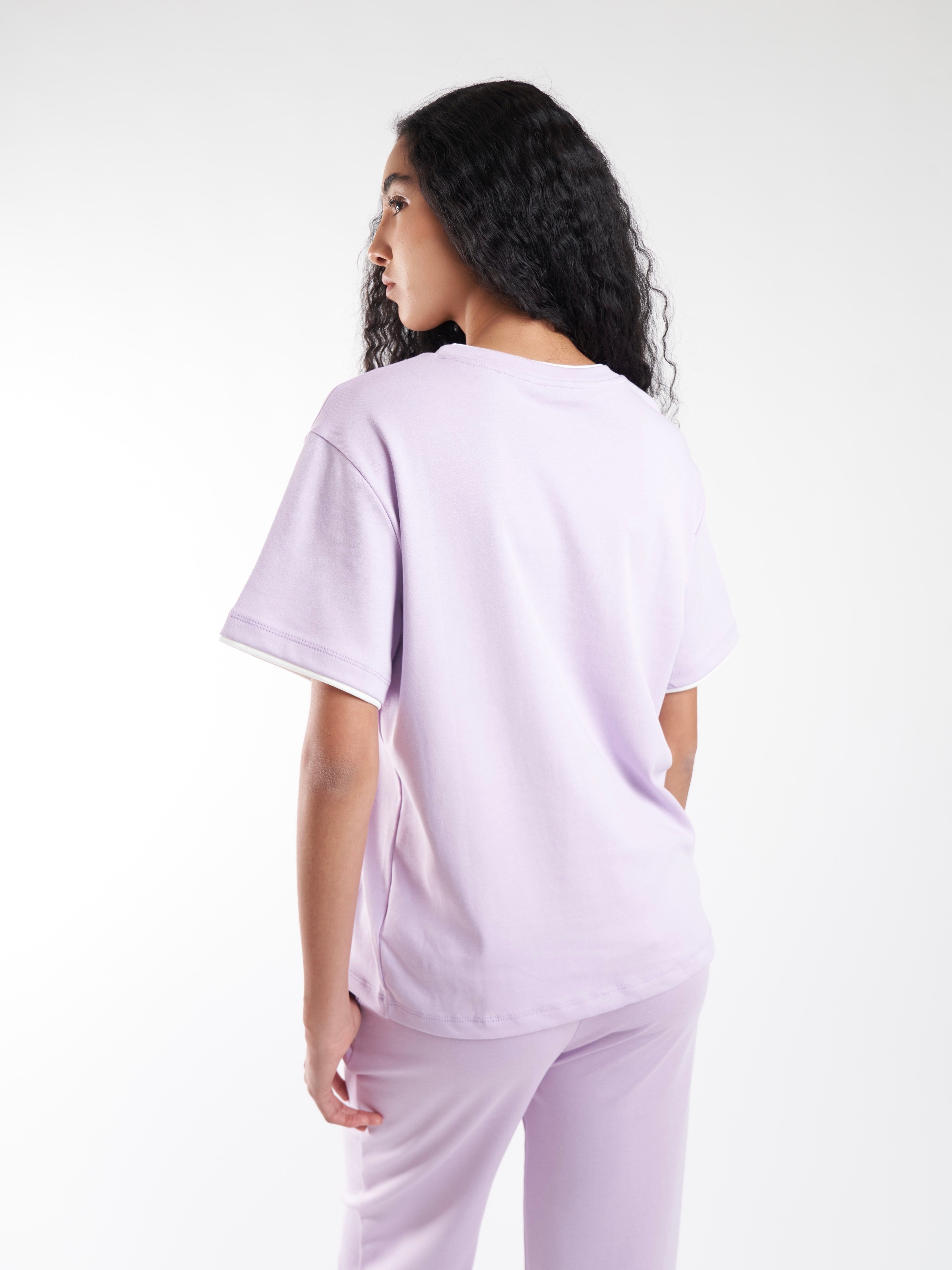 Garnili Basic Kısa Kol T-shirt Lila-Ekru