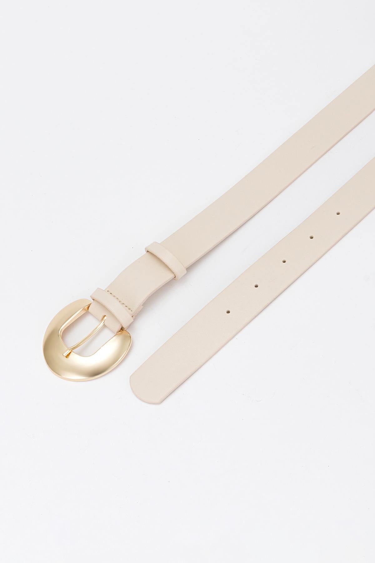 Geniş Oval Gold Tokalı Kemer Ekru