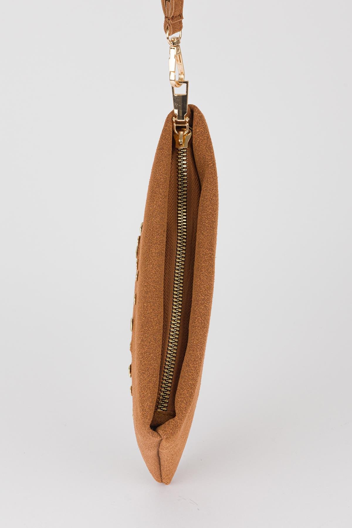 Kalp Troklu Clutch Çanta Taba