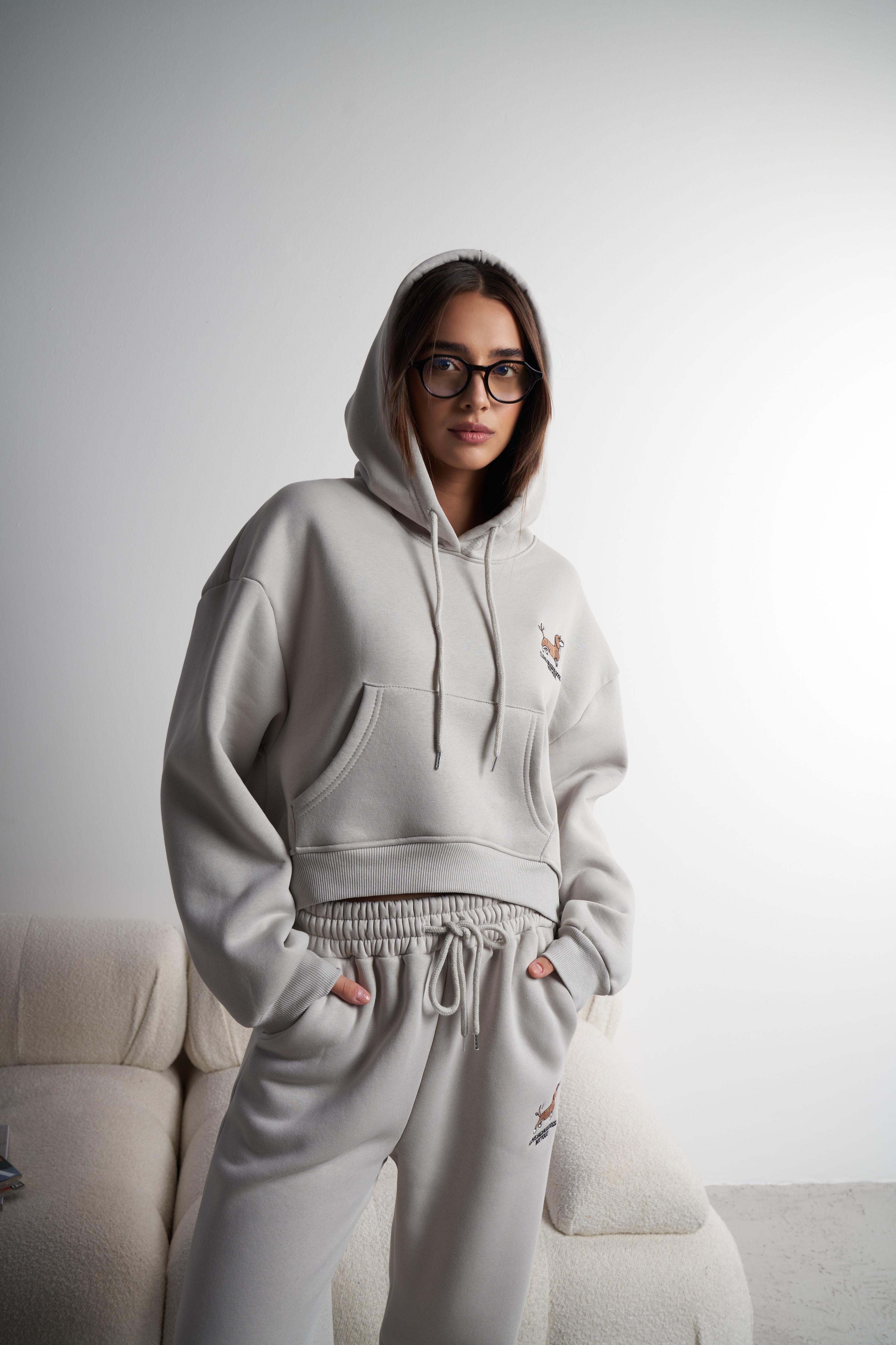 Kapüşonlu Şardonlu Kısa Sweatshirt Açık Gri
