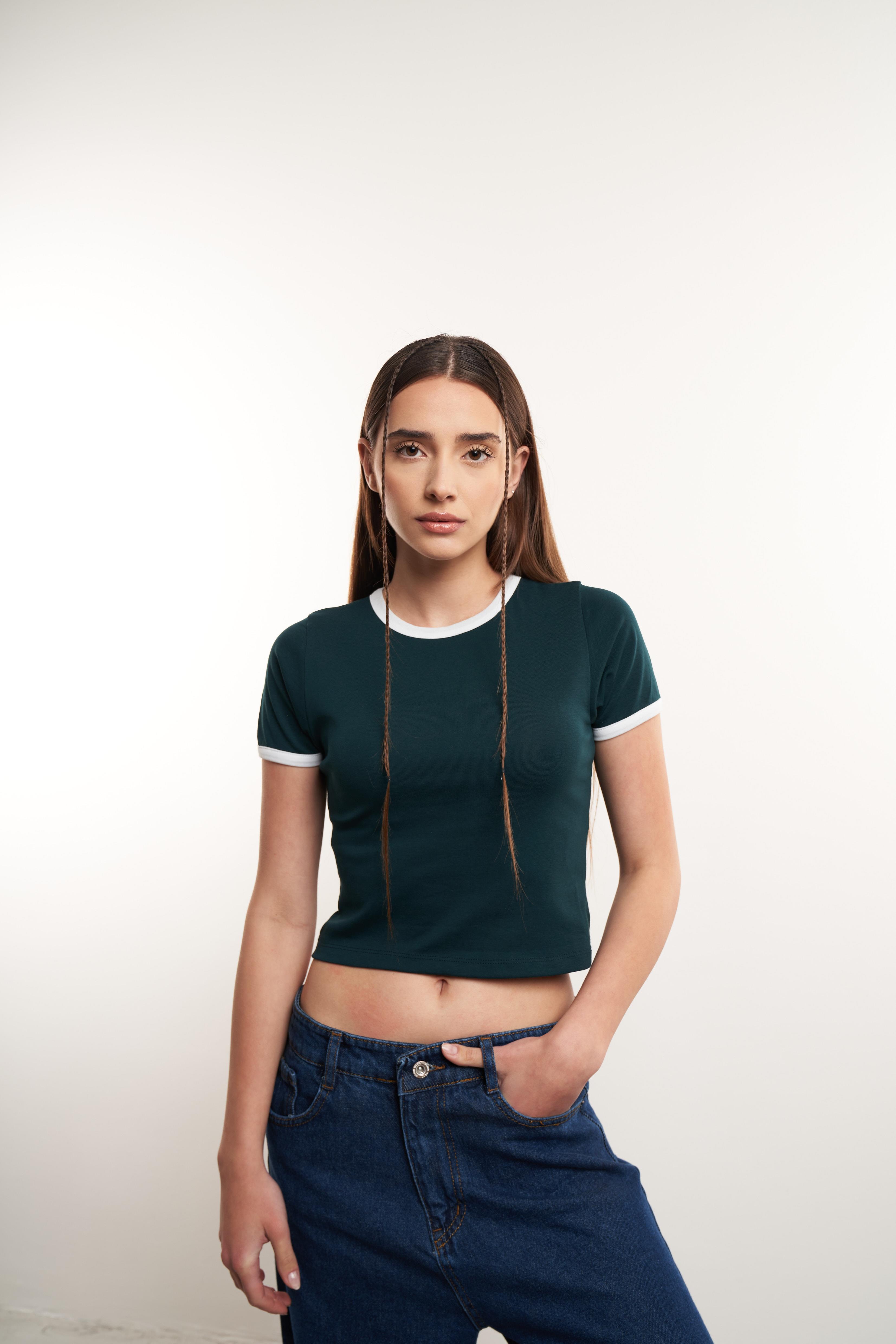 Kısa Kol Ribana Basic Bluz Koyu Yeşil