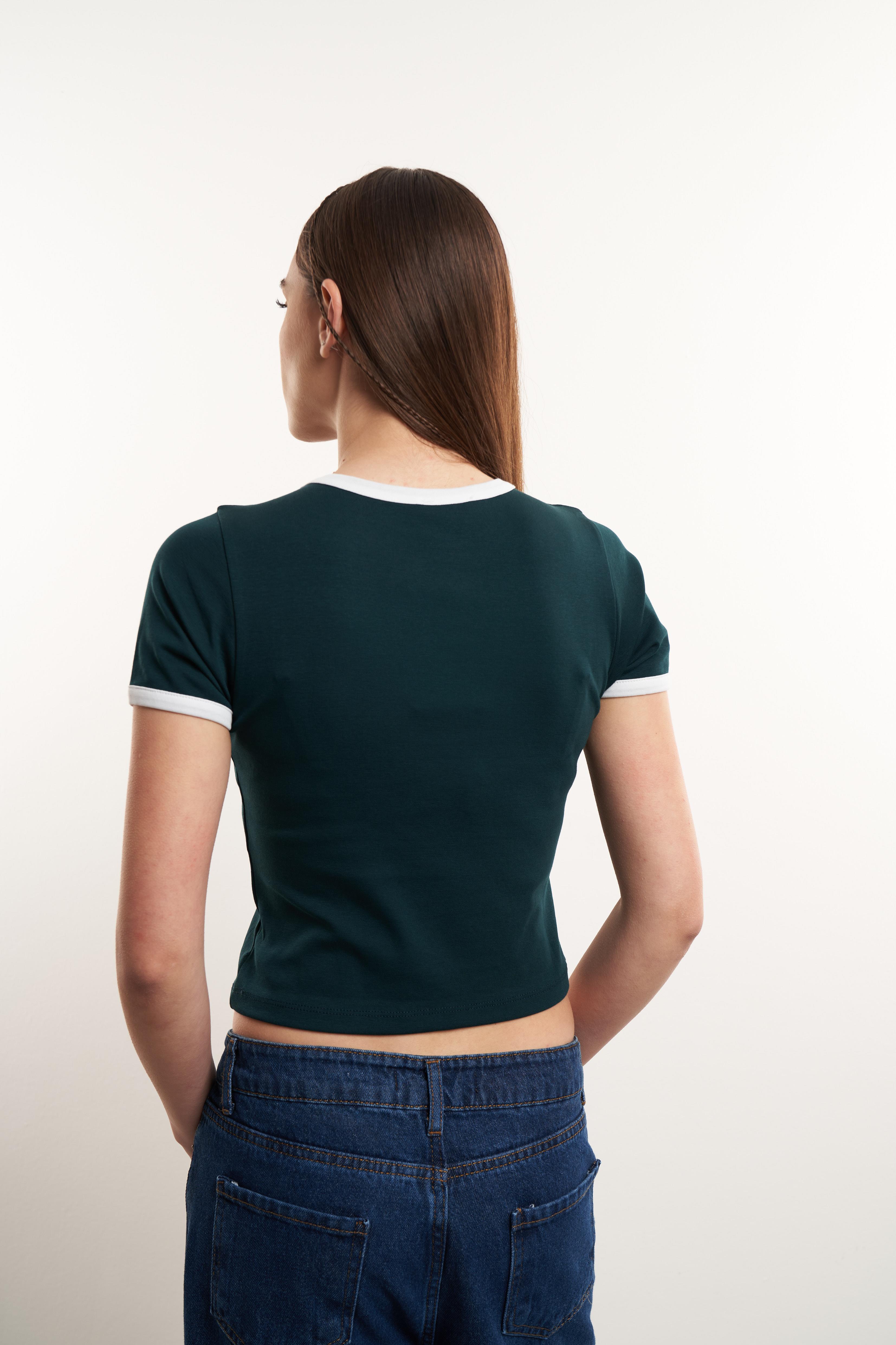 Kısa Kol Ribana Basic Bluz Koyu Yeşil