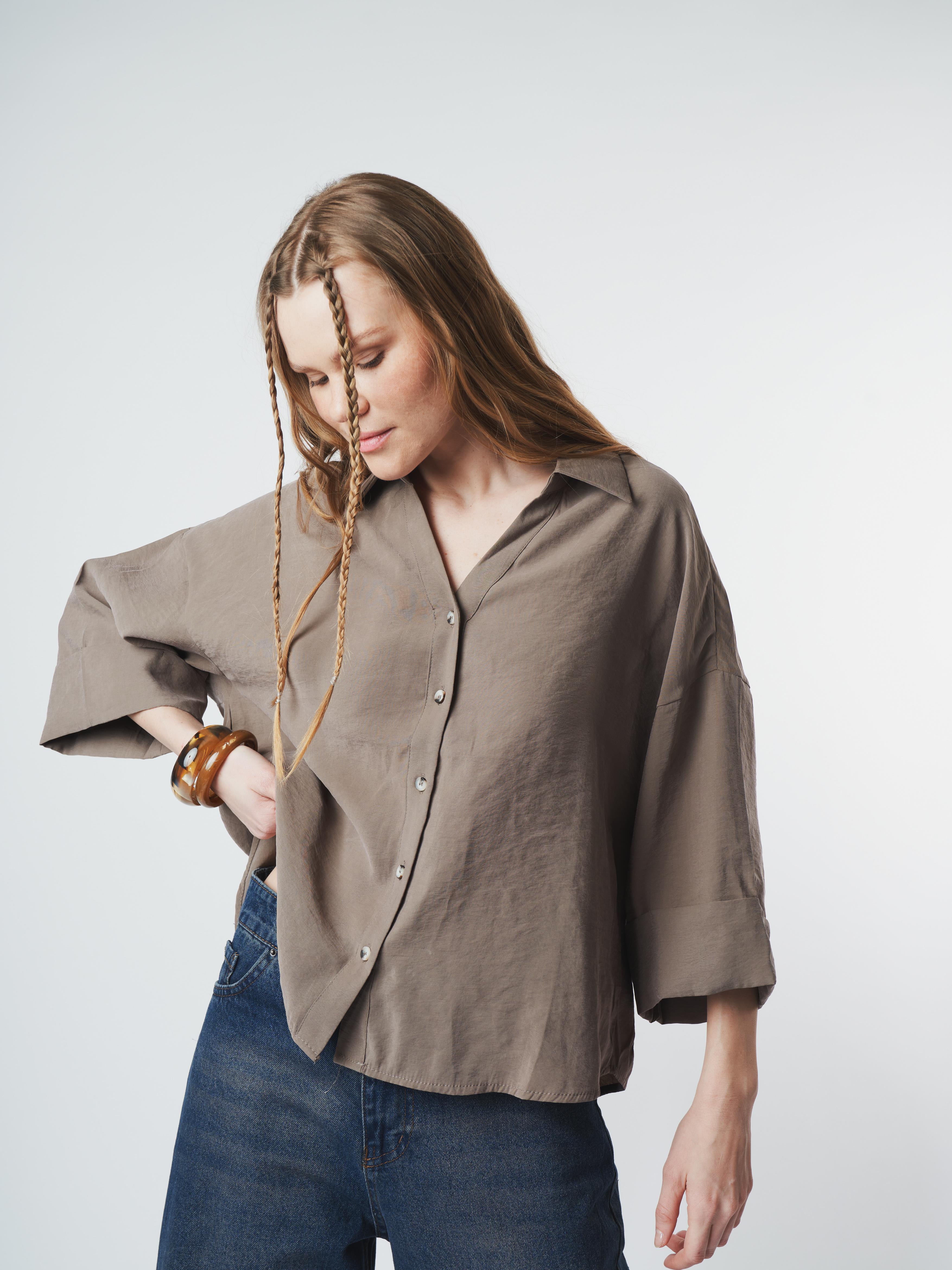 Kol Katlamalı Modal Gömlek Vizon