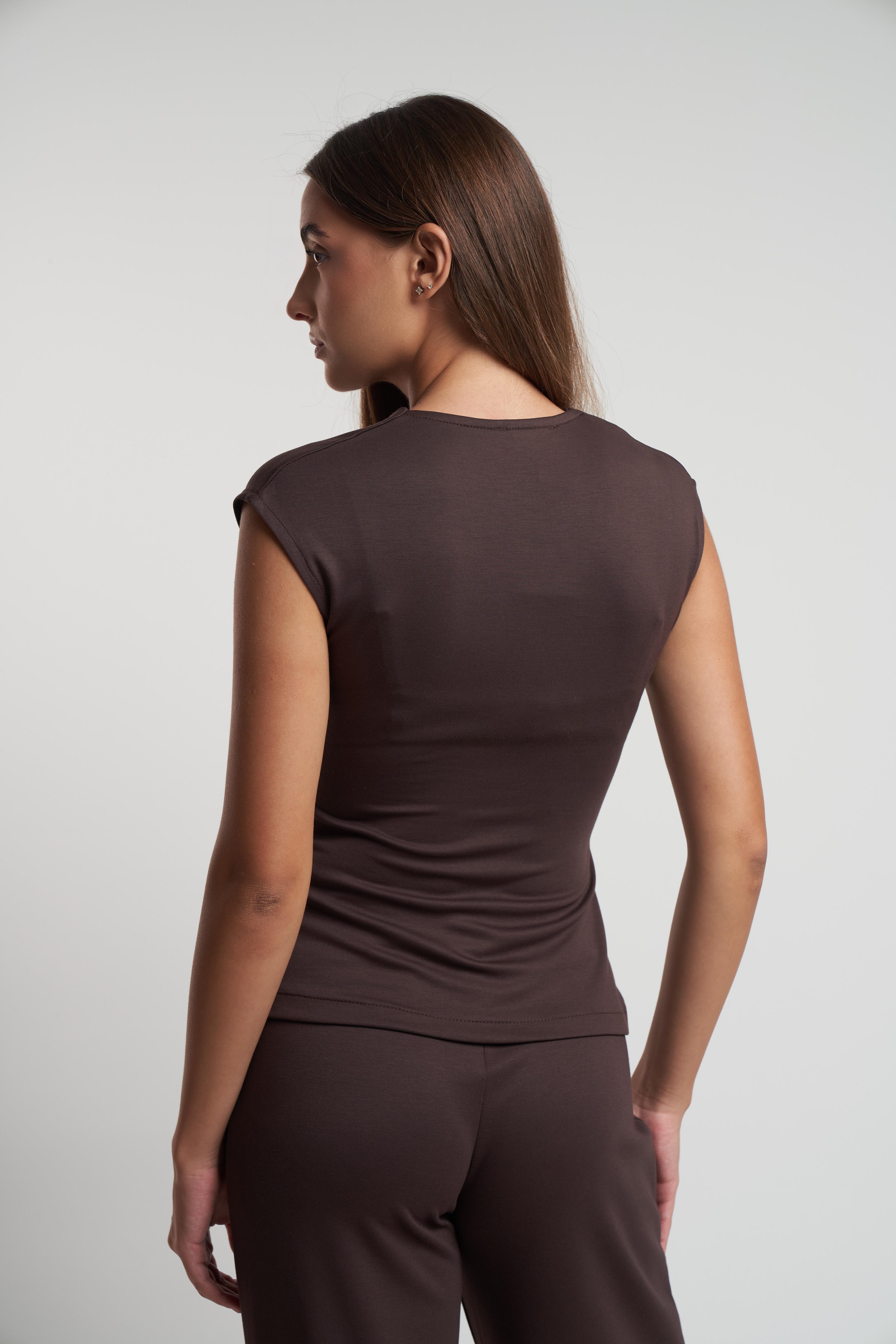 Kruvaze Sıfır Kol Modal Bluz Kahve