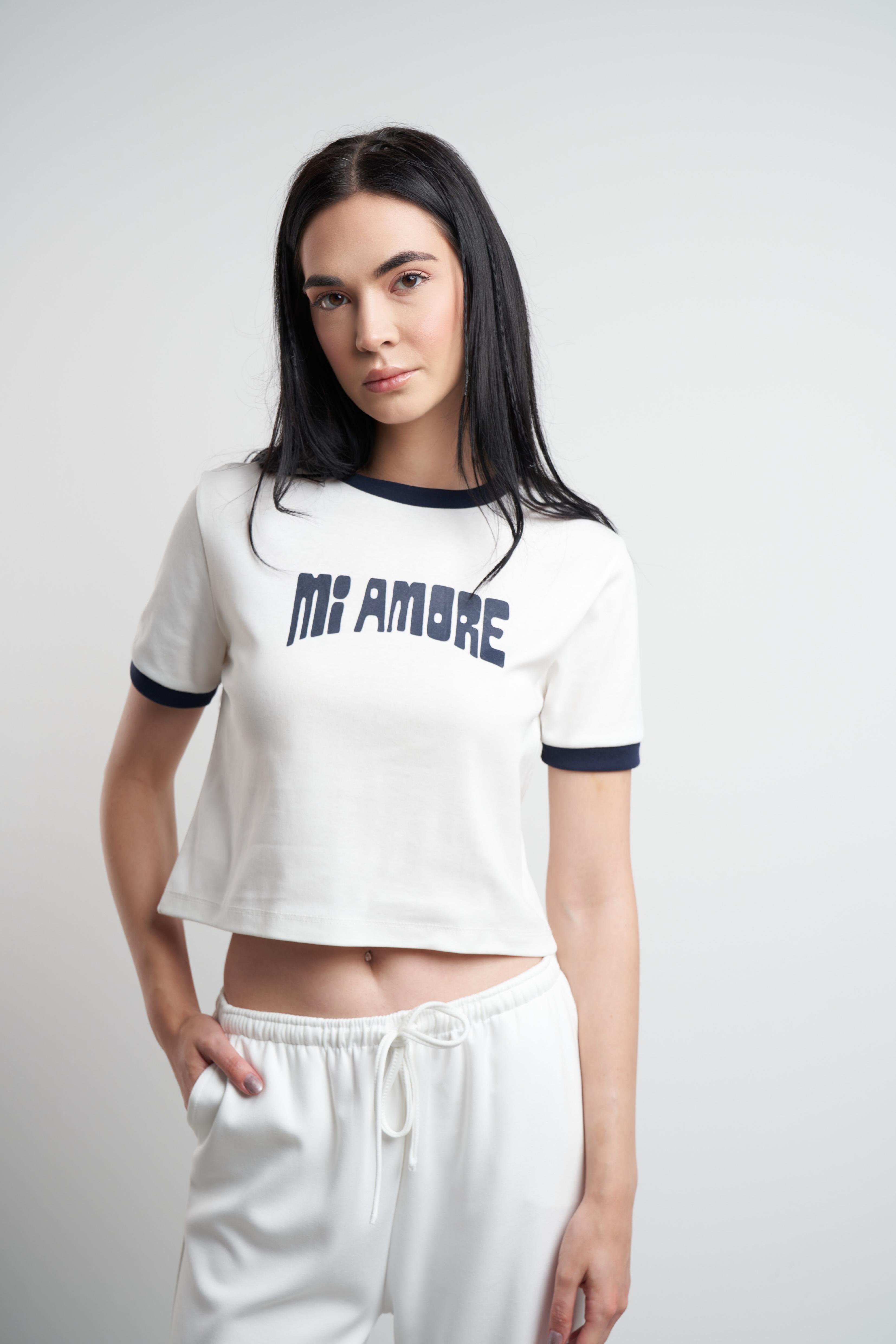 Mi Amore Baskılı Bluz Ekru-Lacivert