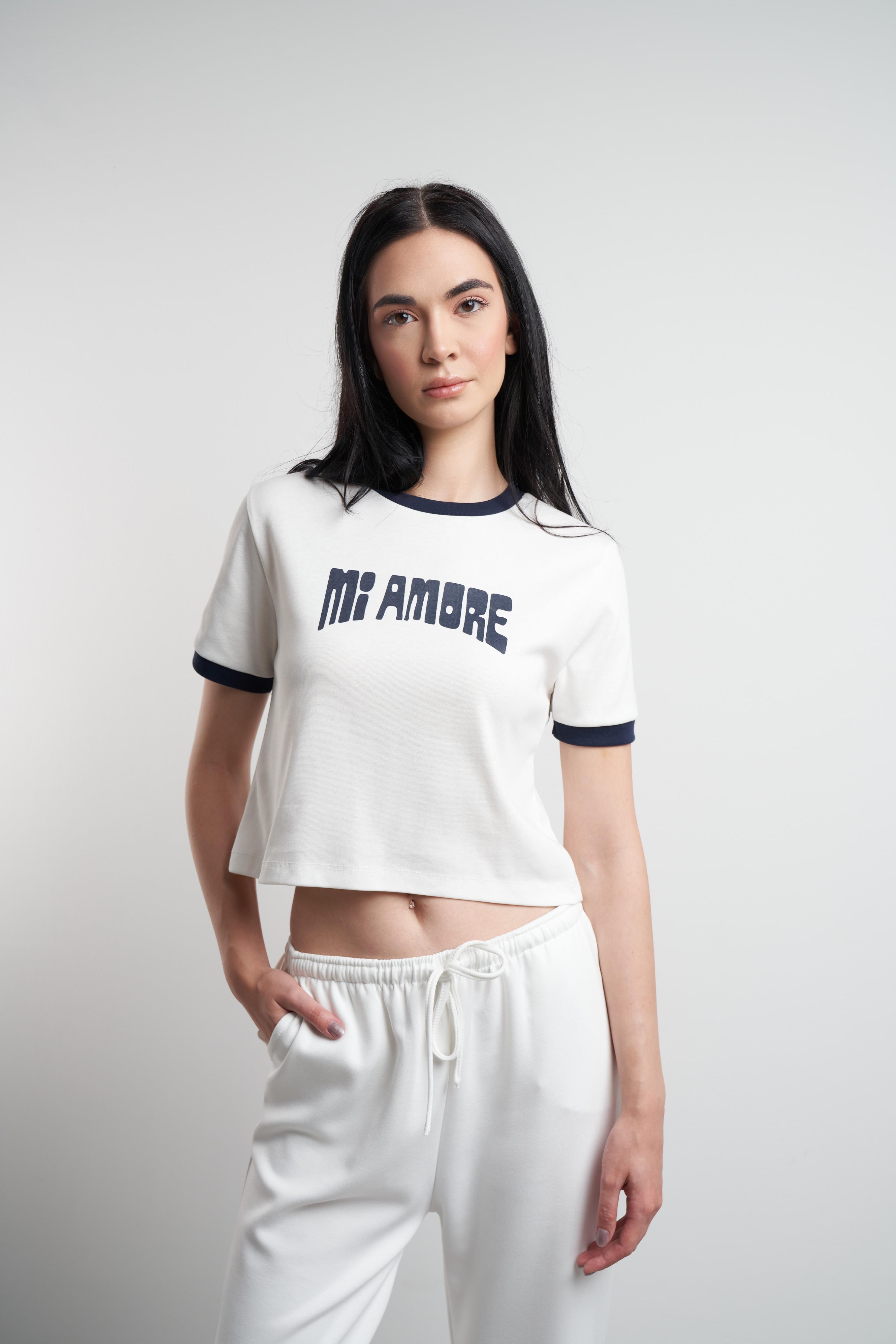 Mi Amore Baskılı Bluz Ekru-Lacivert