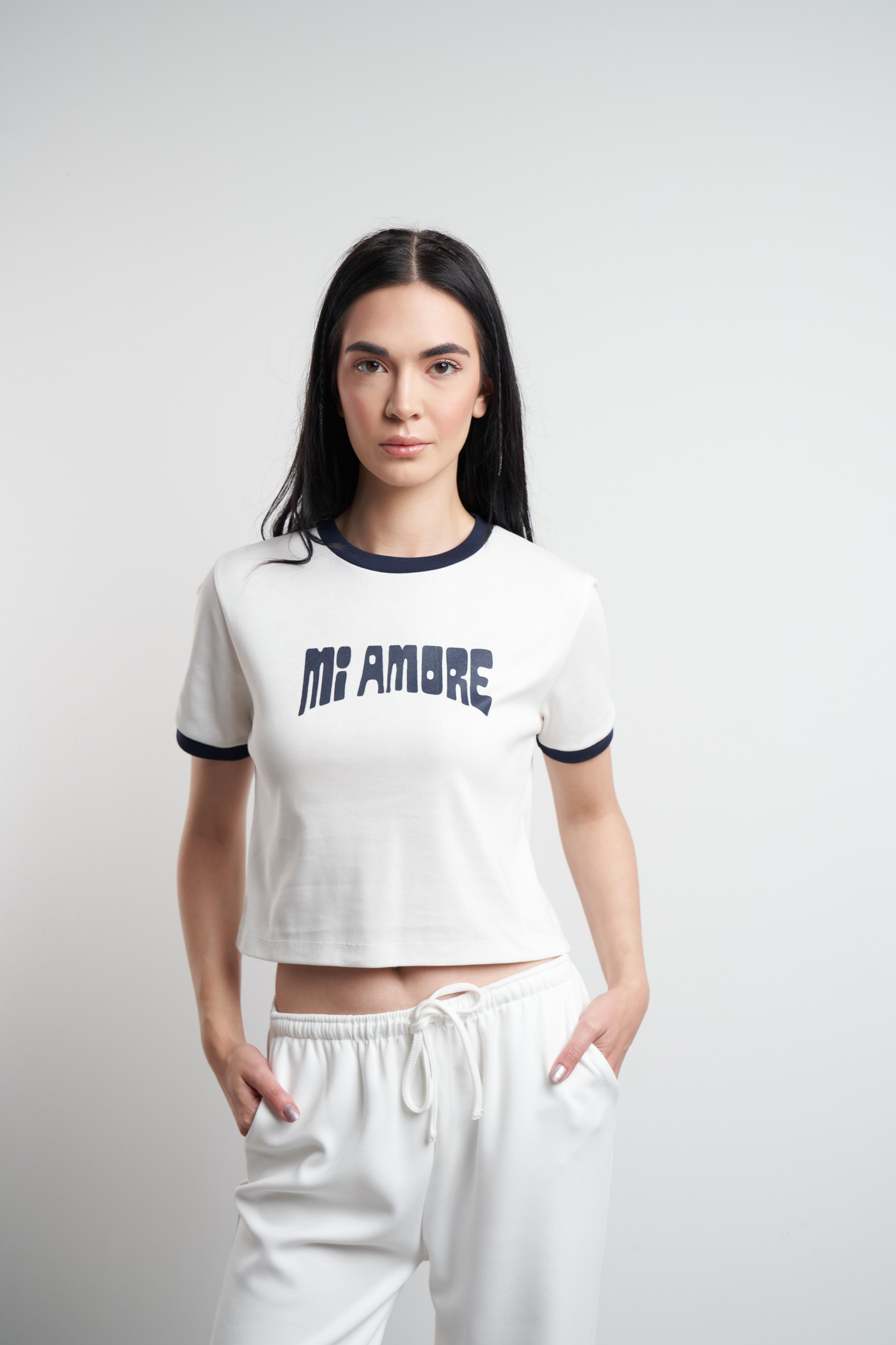 Mi Amore Baskılı Bluz Ekru-Lacivert