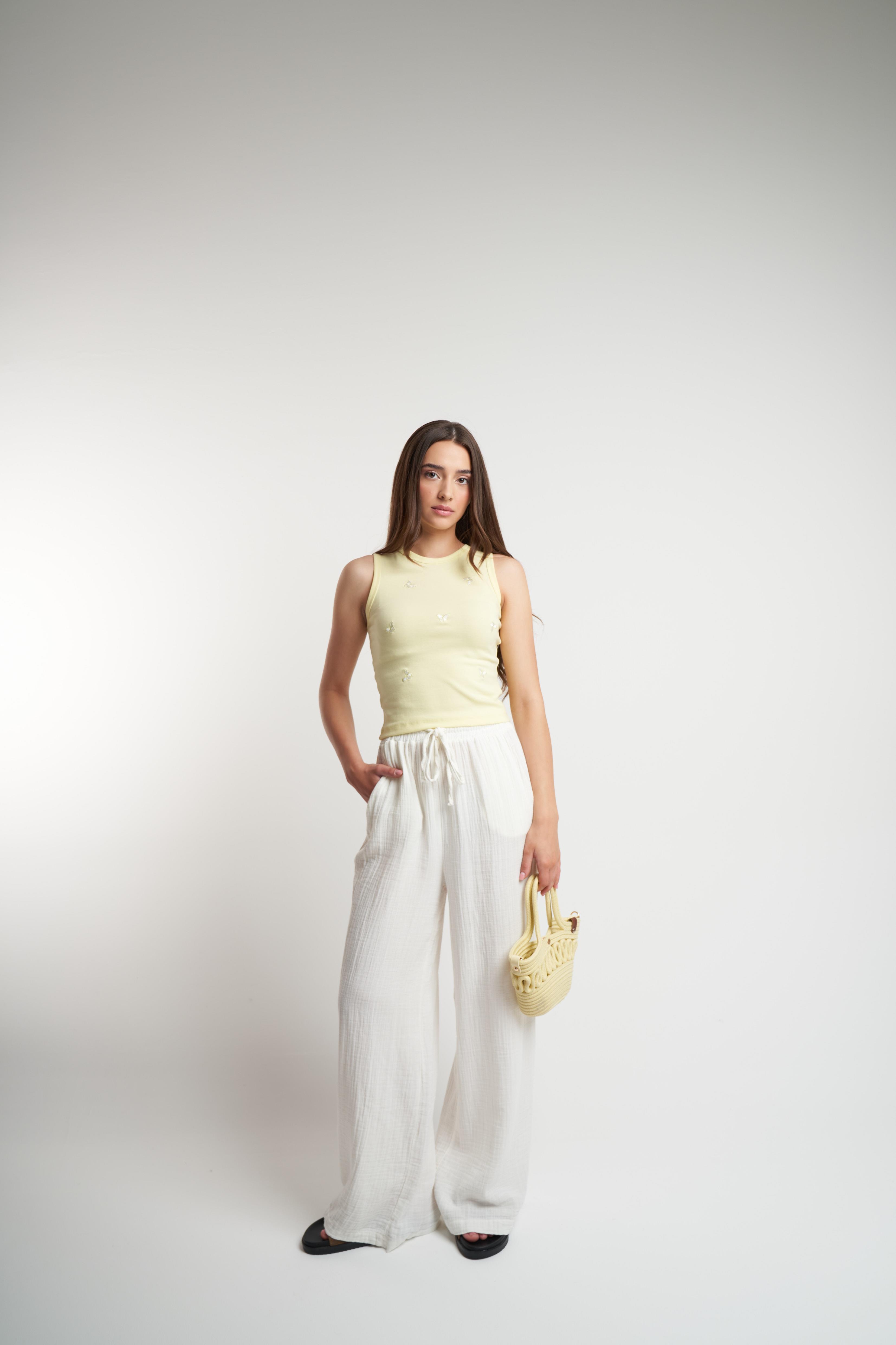 Müslin Bol Paça Pantolon Ekru