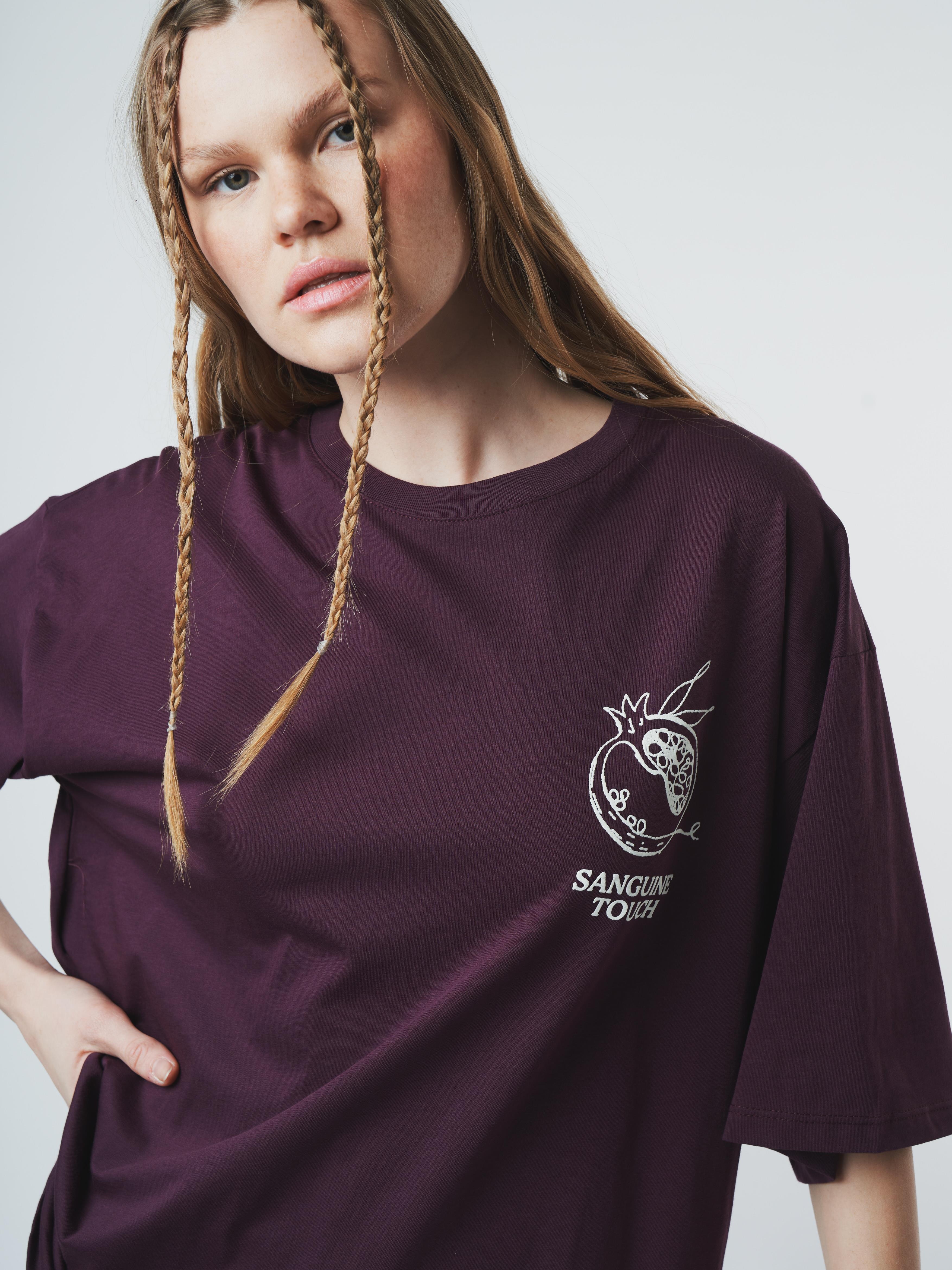 Nar Baskılı Kısa Kol Oversize T-shirt Mürdüm