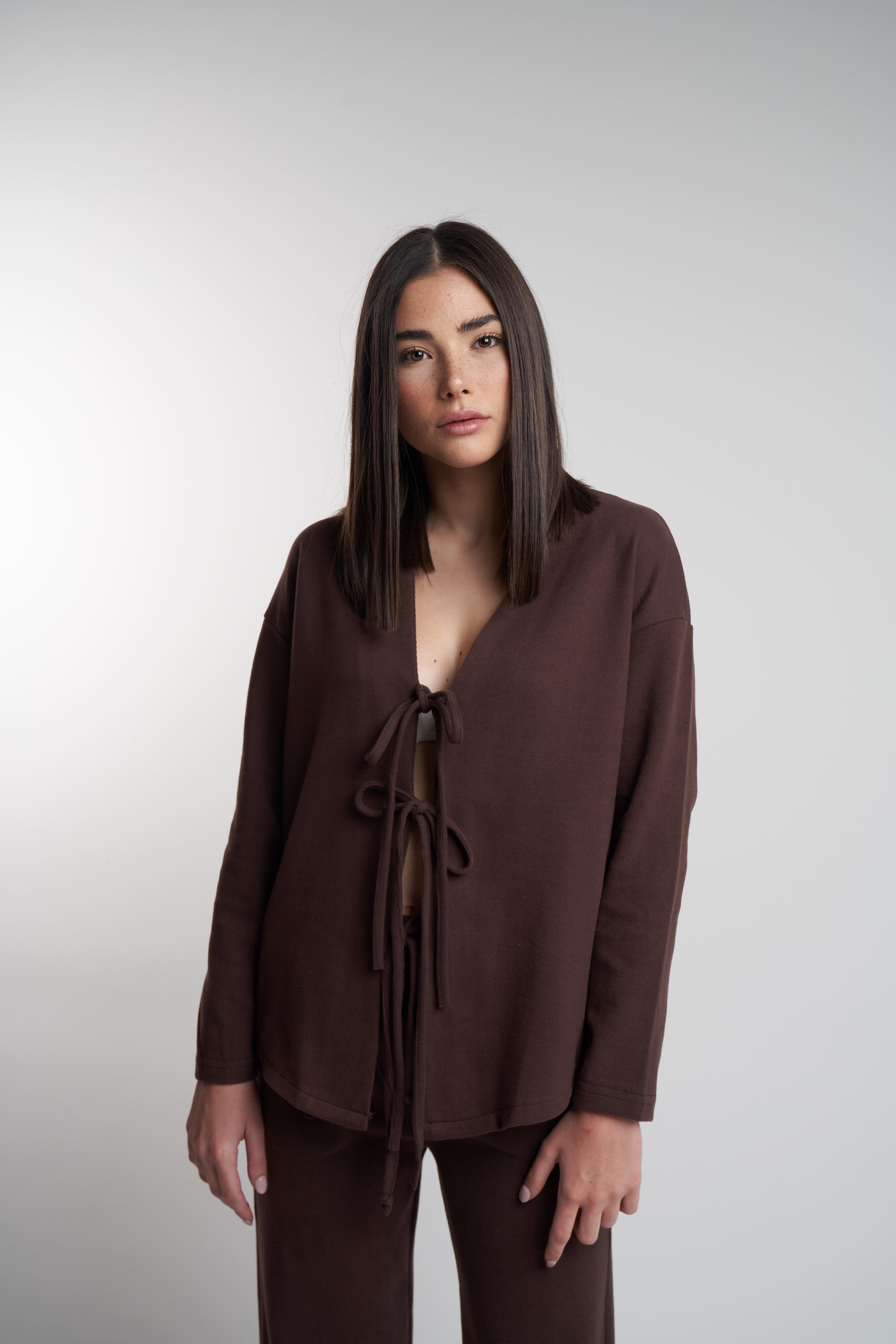 Ön Bağlama Detaylı Triko Hırka Kahve