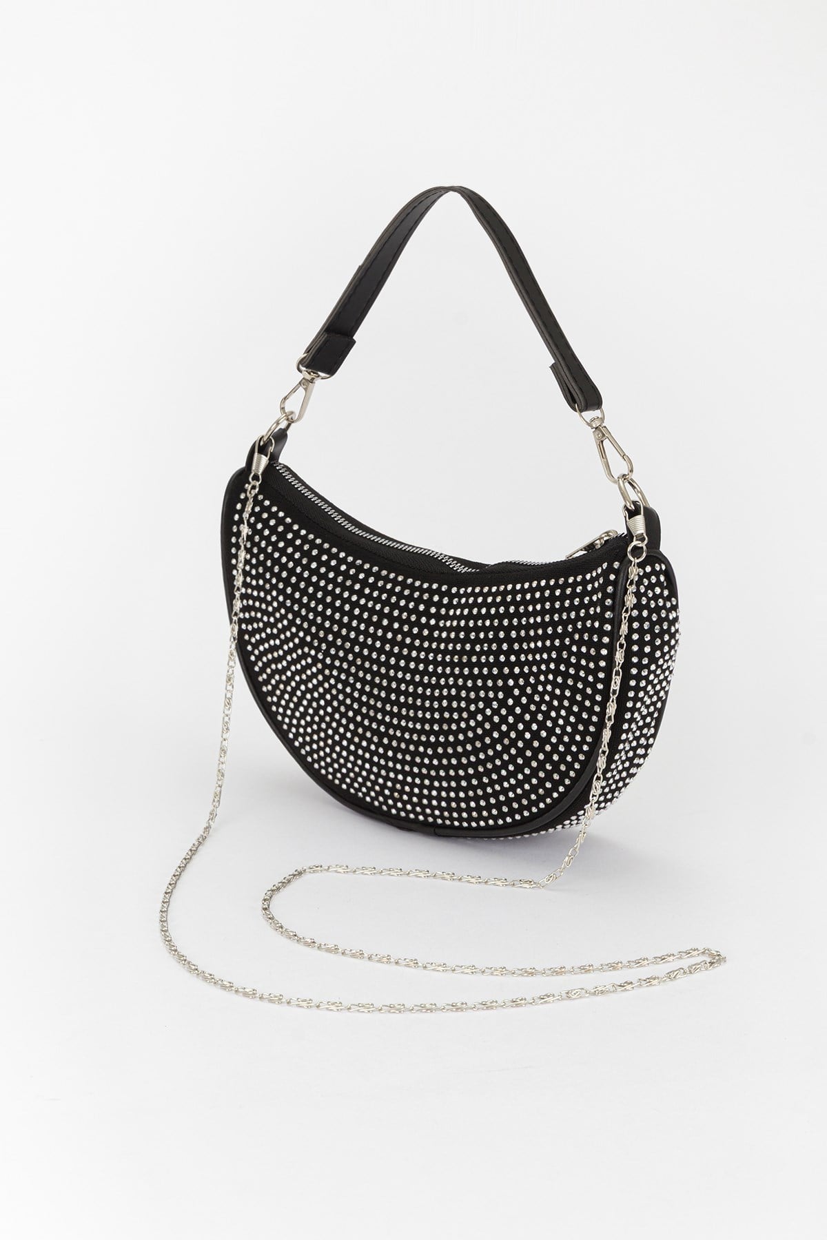 Oval Baget Taşlı Çanta Siyah