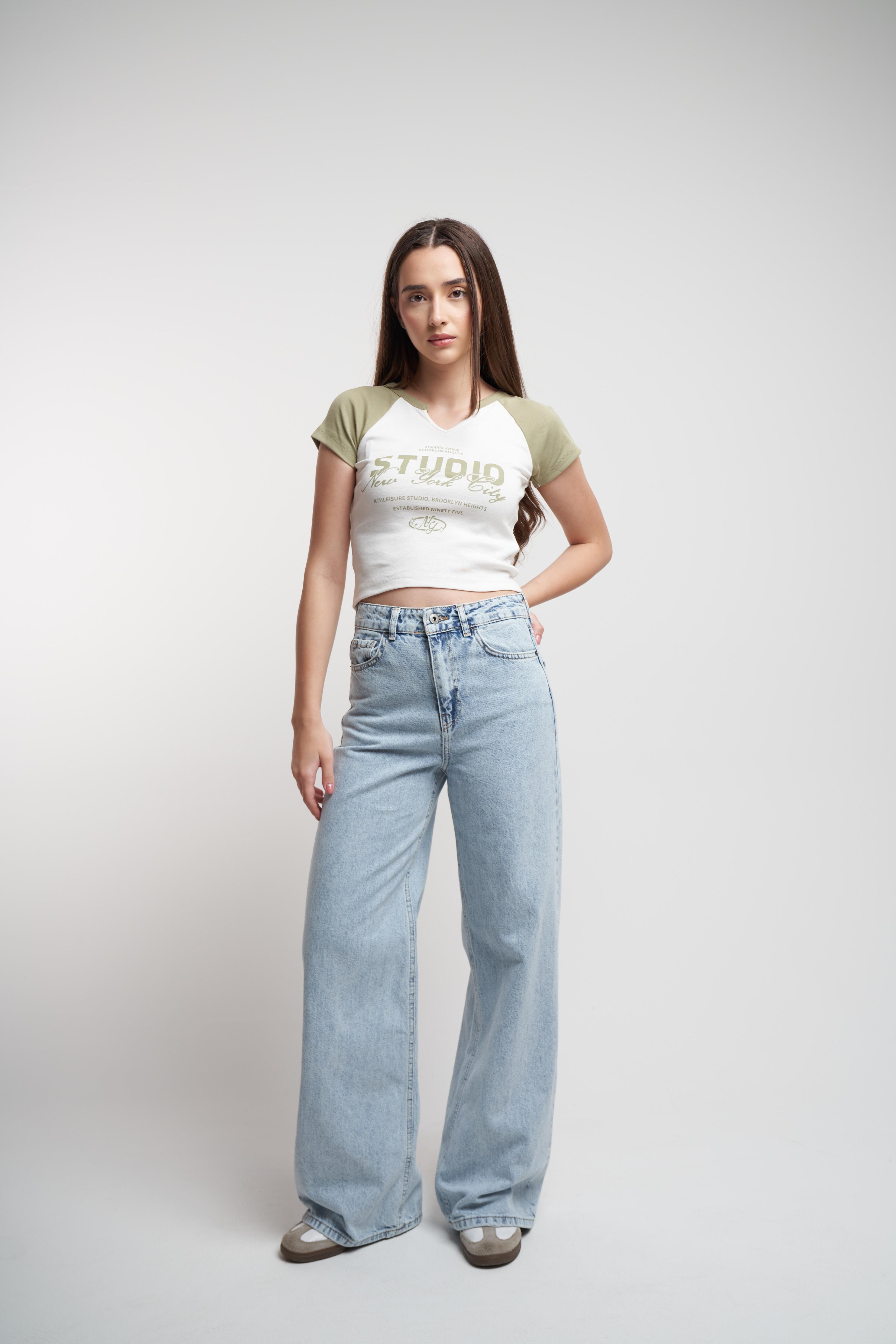 Studio Baskılı Ribana Kısa Kol Bluz Haki-Ekru