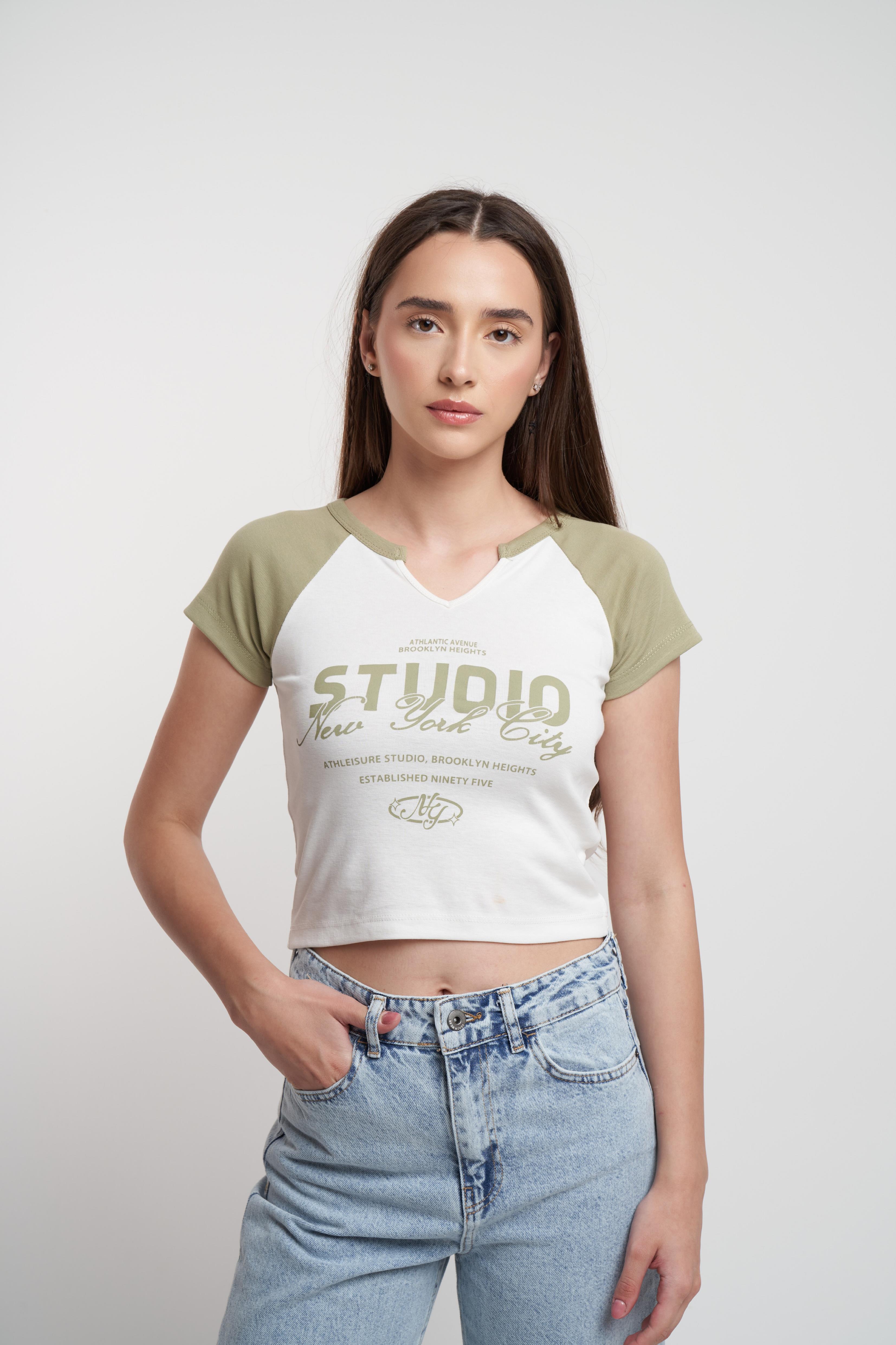 Studio Baskılı Ribana Kısa Kol Bluz Haki-Ekru