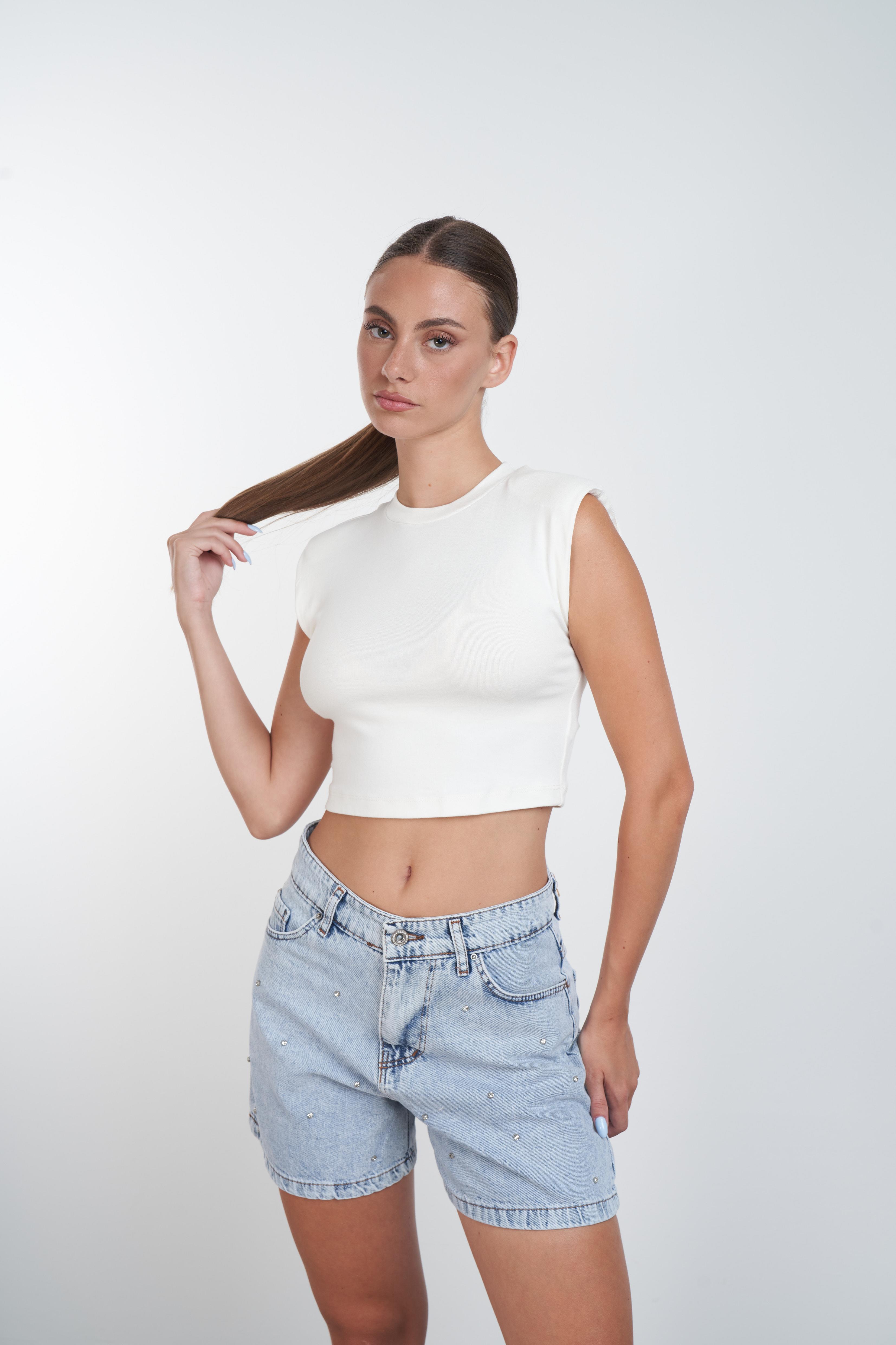 Taş Detaylı Jean Şort Açık Mavi