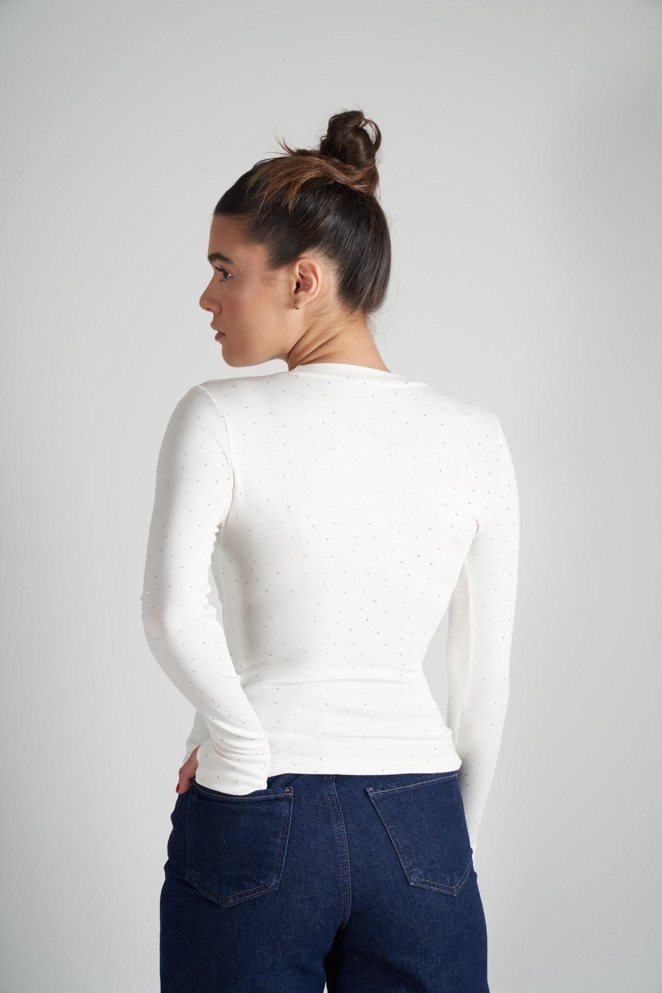 Taş Detaylı Uzun Kol Ribana Bluz Ekru