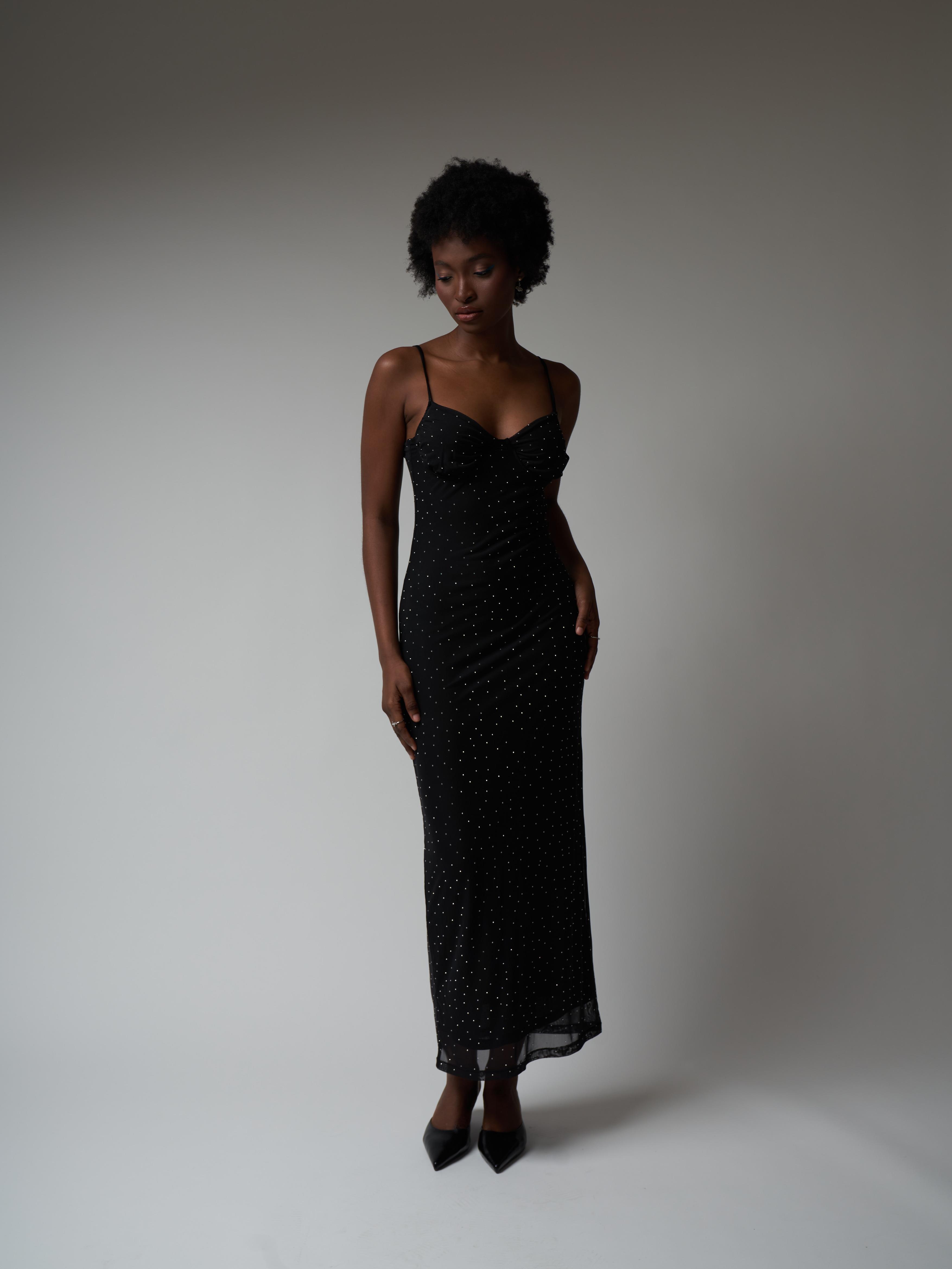 Taşlı Tül Uzun Elbise Siyah