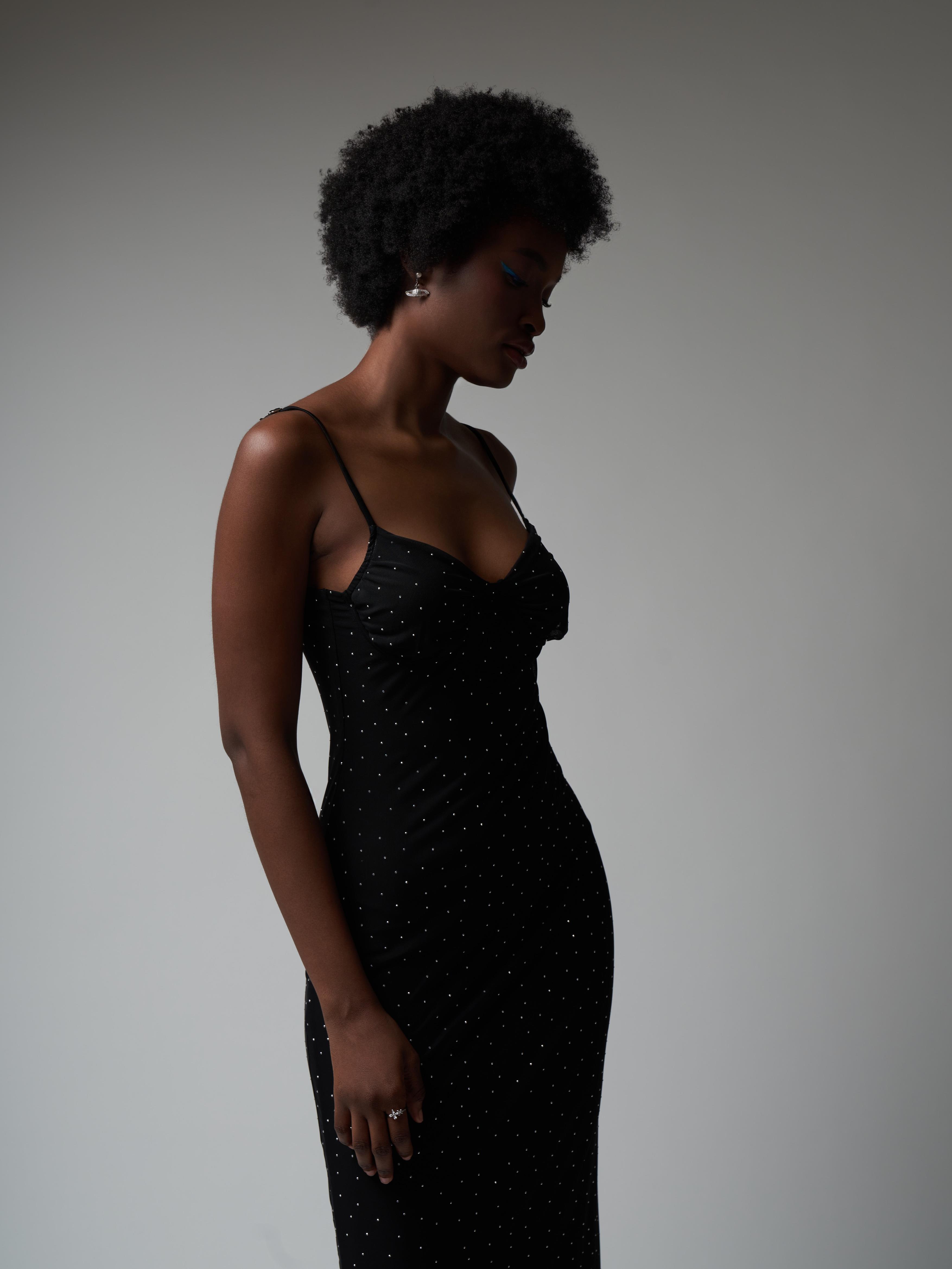 Taşlı Tül Uzun Elbise Siyah