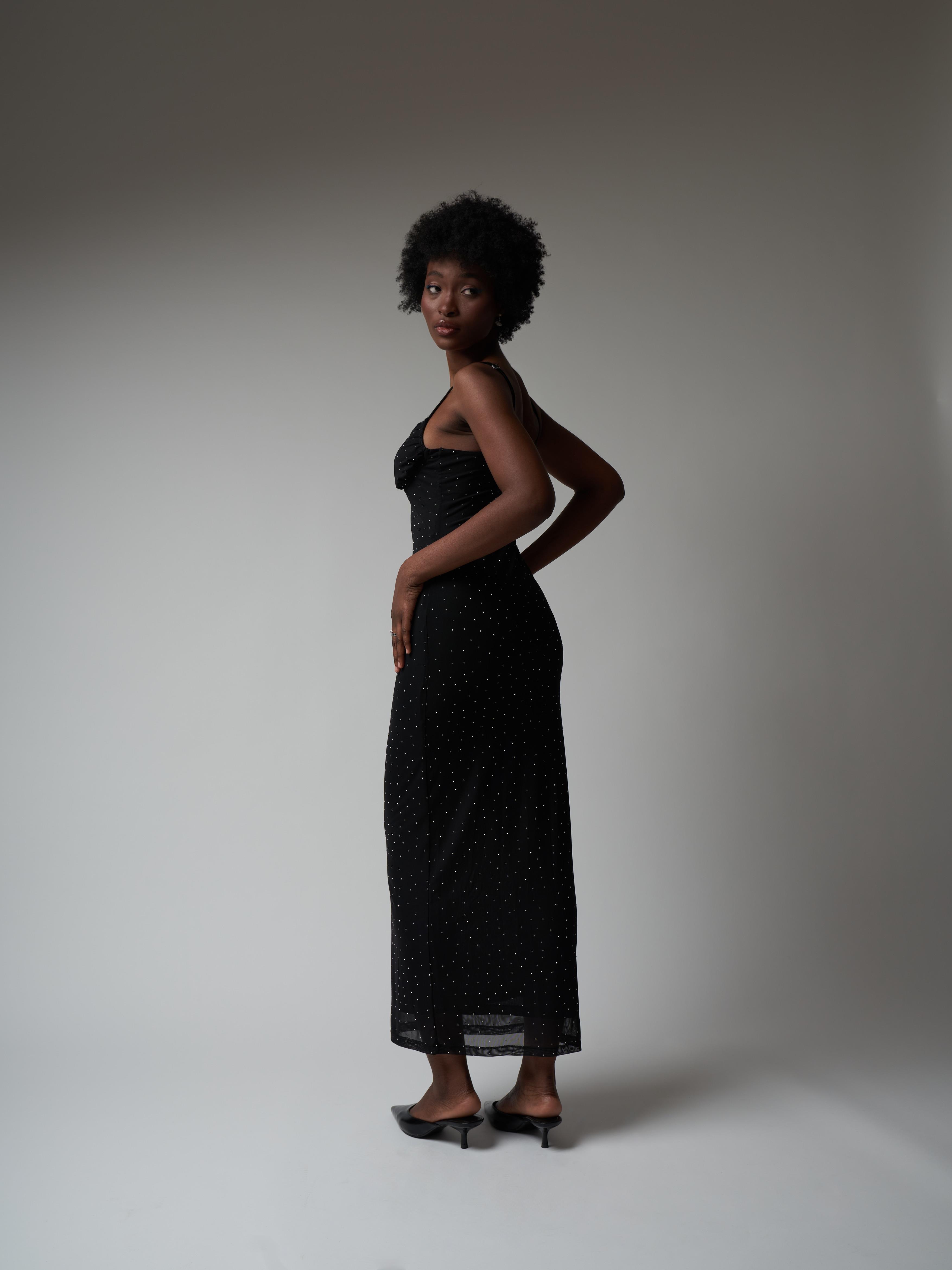 Taşlı Tül Uzun Elbise Siyah