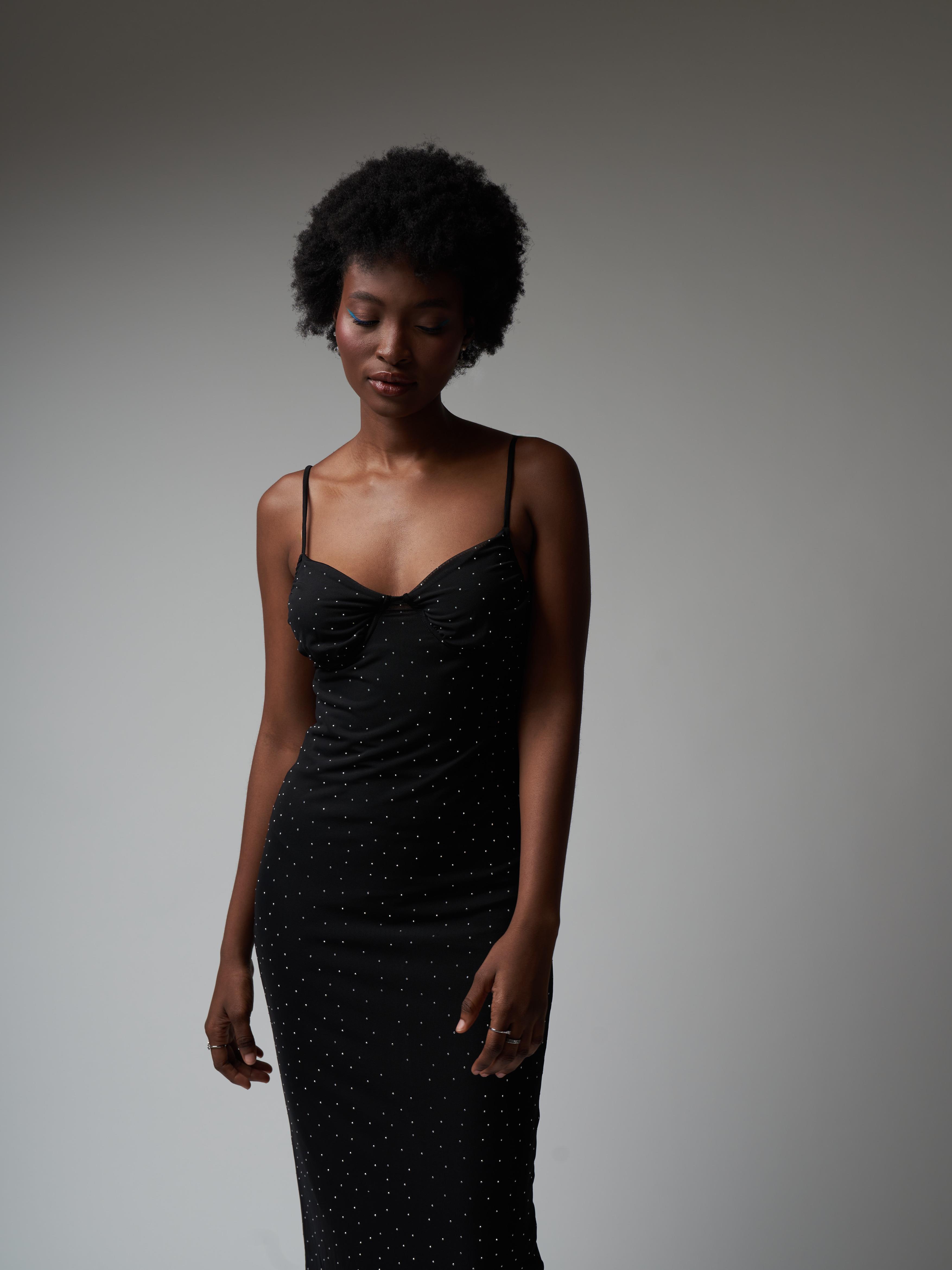 Taşlı Tül Uzun Elbise Siyah