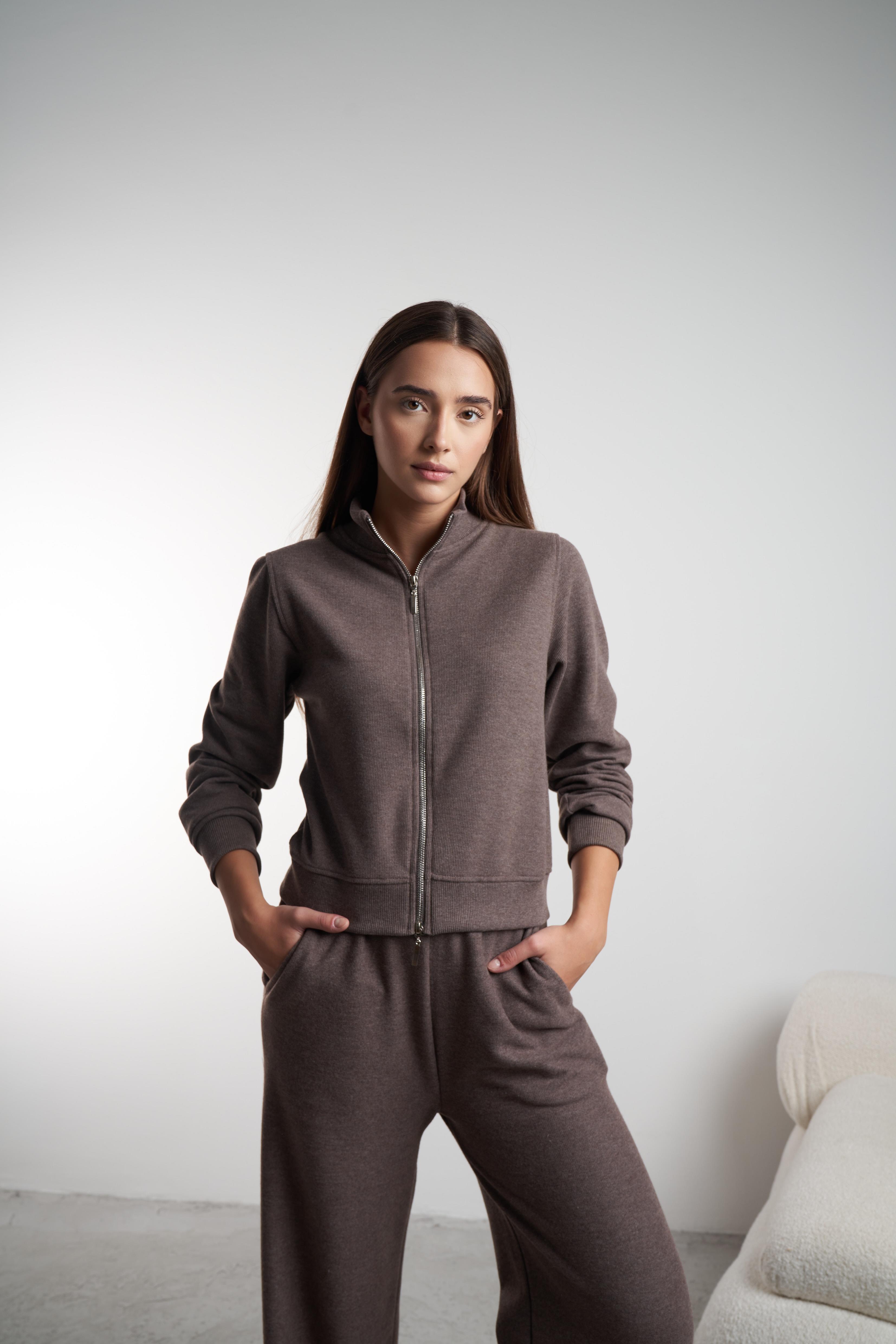 Triko Kısa Sweatshirt Ceket Kahvemelanj